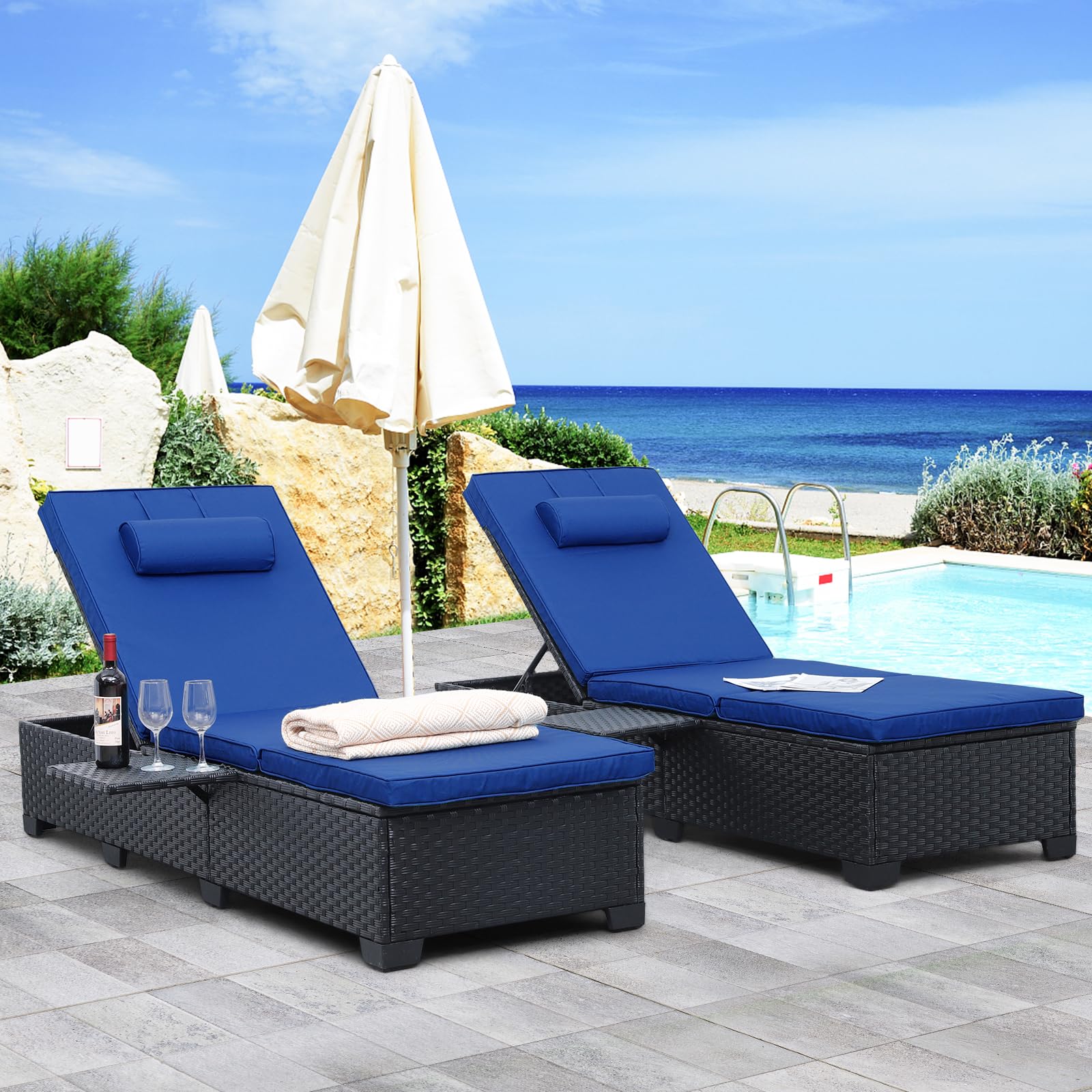 Premium WAROOM Outdoor Chaise Lounge Chairs Set of 2 - Black Wicker Rattan Reclining Pool Sunbathing Chairs with Adjustable Backrest & Royal Blue Cushions - Perfect for Patio, Garden, Poolside Relaxation and Backyard Lounging