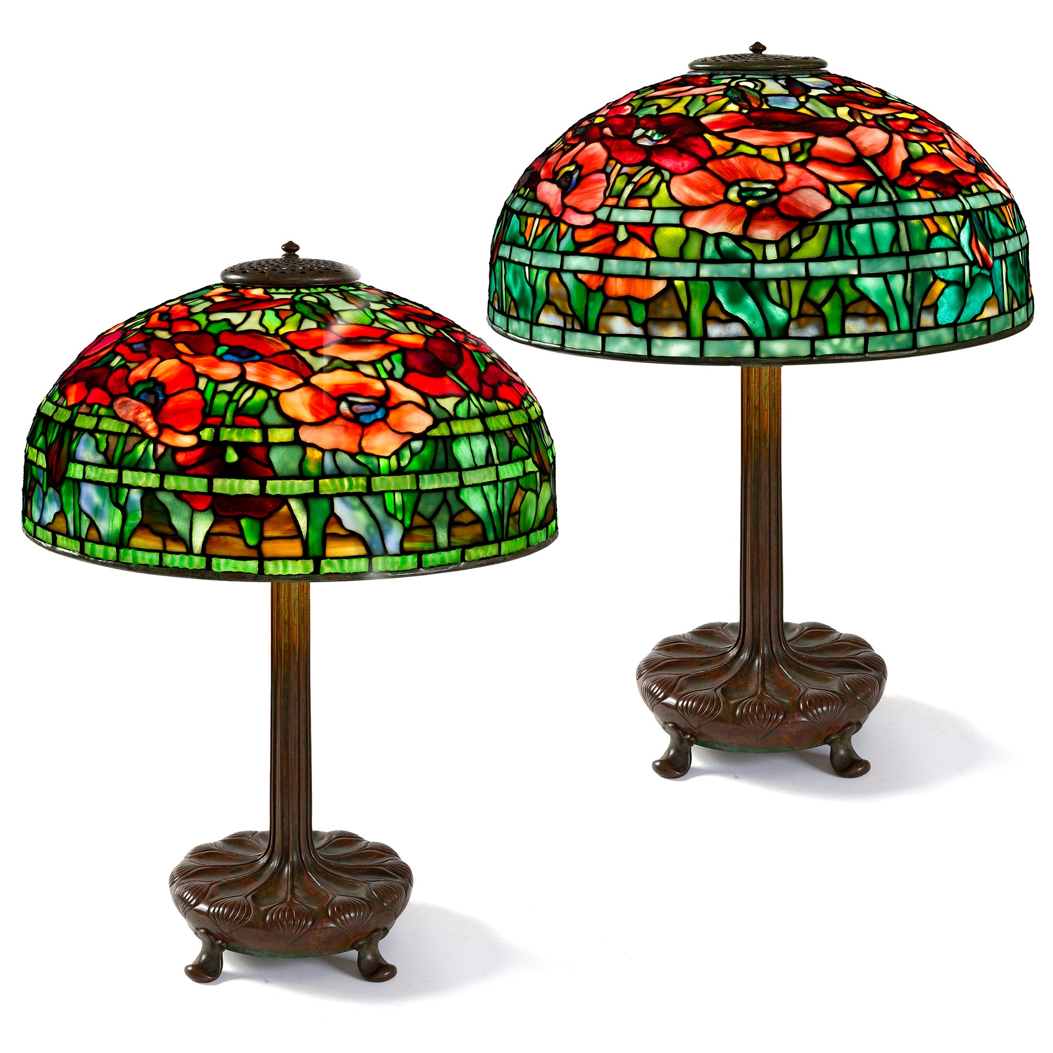 Tiffany Studios New York Pair of Oriental Poppy Table Lamps - Vintage Stained Glass Decor for Living Room, Bedroom & Office Lighting
