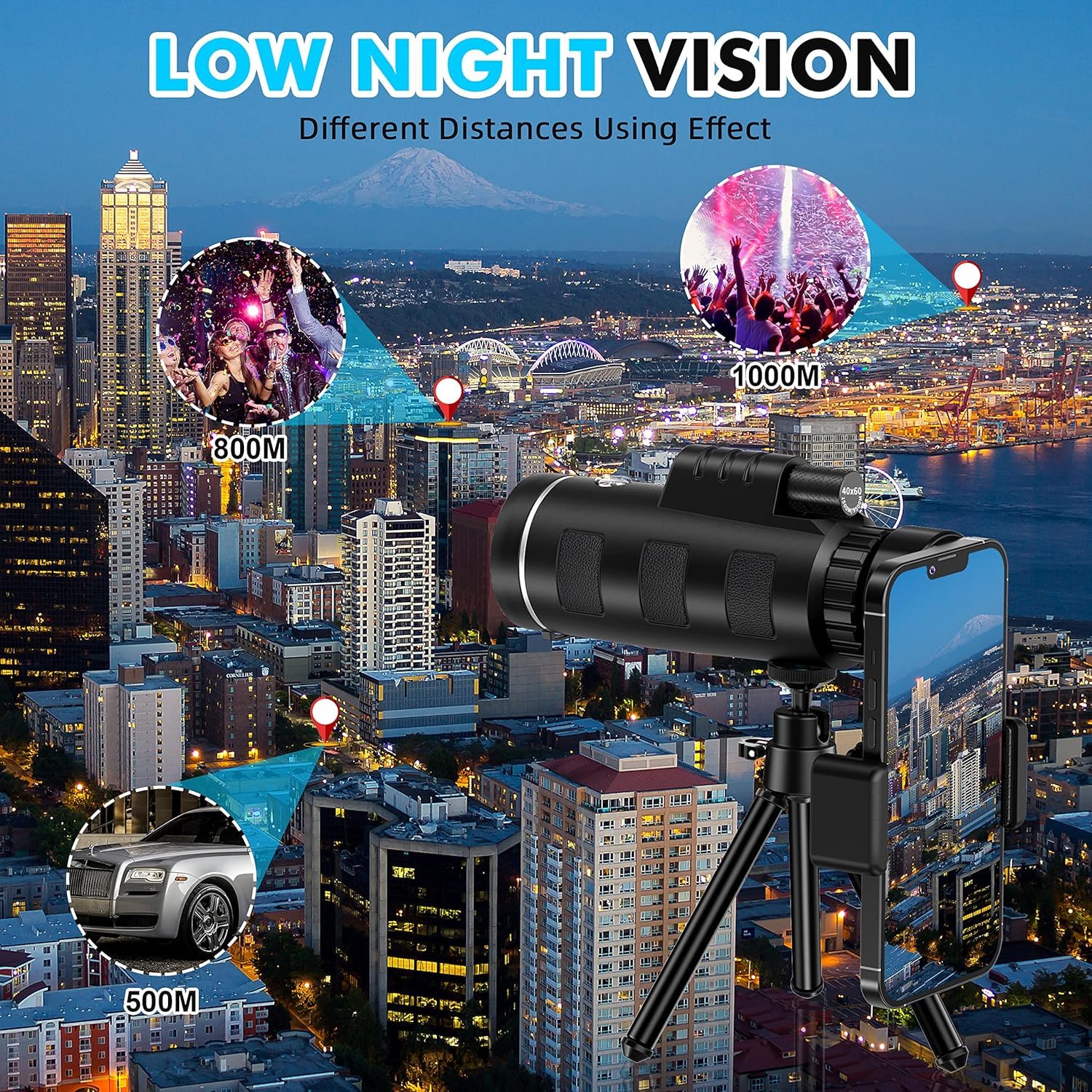 40x60 High Power Monocular Telescope with Smartphone Adapter - Compact & Lightweight for Low Light Viewing - Perfect for Wildlife Observation, Hunting, Camping, Travel & Outdoor Adventures - Ideal for Bird Watching, Hiking, Concerts and Sporting Events