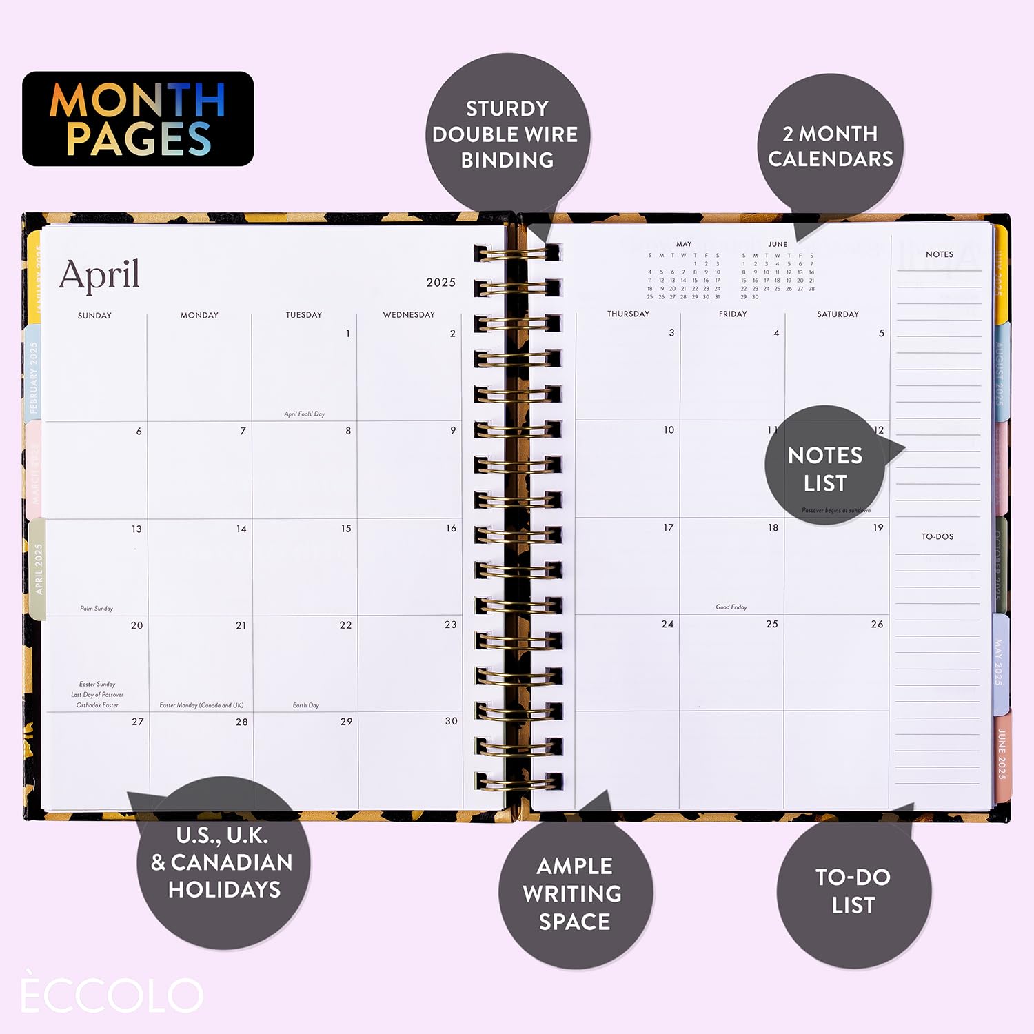 2025 Eccolo Spiral Agenda Planner - Cheetah Print Weekly & Monthly Calendar with Sticker Sheets & Inspirational Quotes (7.75