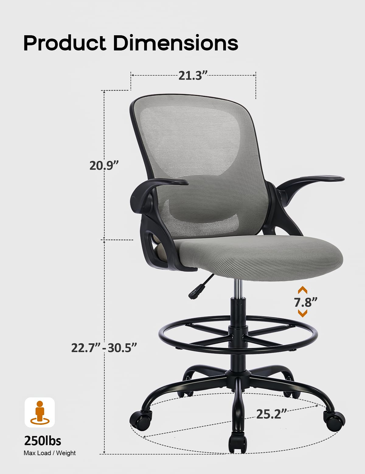 Ergonomic Drafting Chair with Flip-Up Armrests & Adjustable Footrest - Tall Office Chair for Standing Desks - Lumbar Support Computer Chair for Bar Height Workstations (Black-Gray) - Perfect for Architects, Artists & Home Office Workspaces