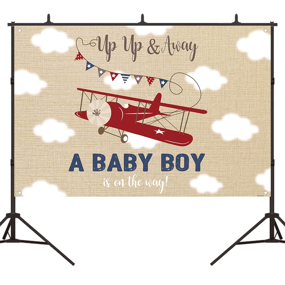 Airplane Baby Shower Backdrop - Up & Away Boy Decor for Adventure Theme Party