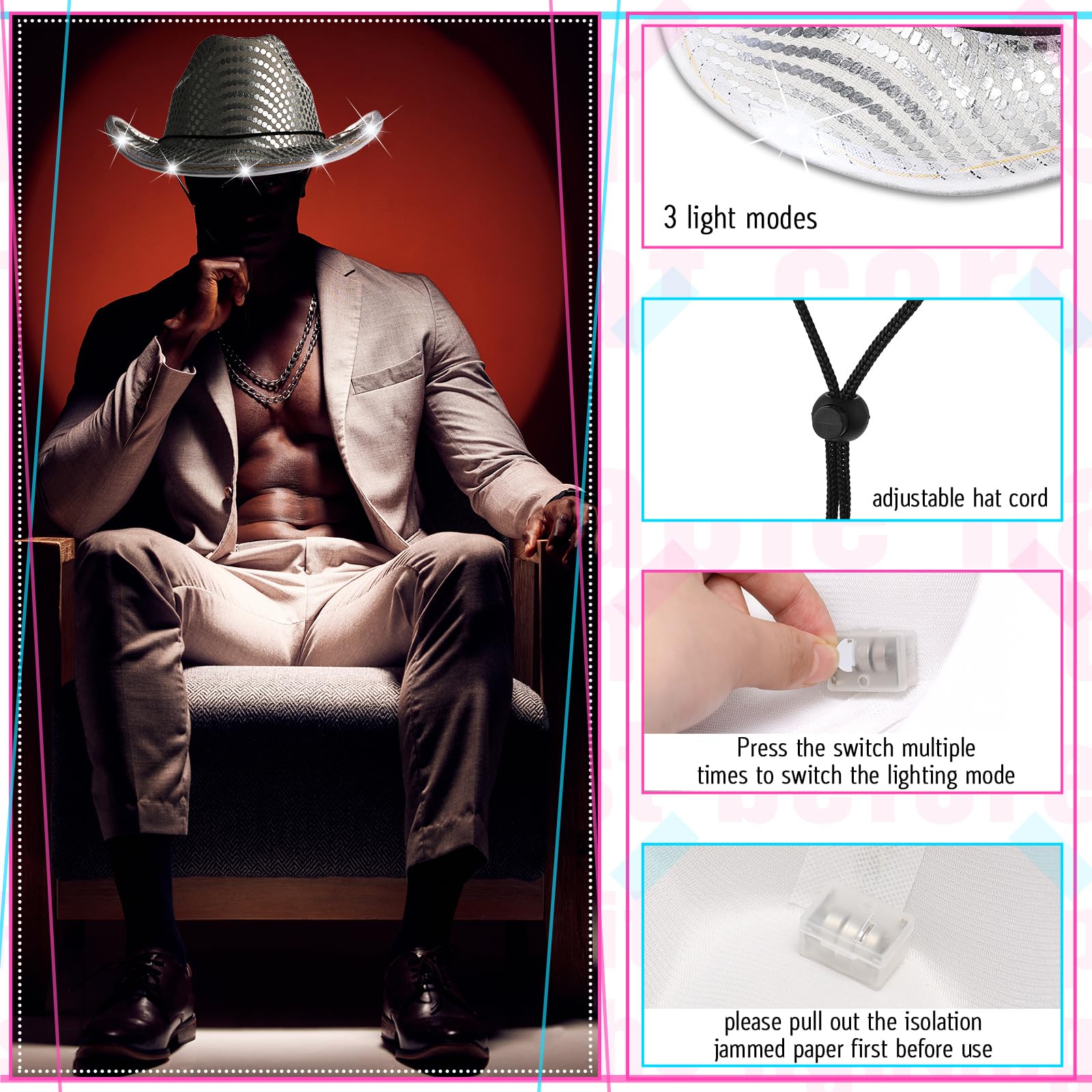 LED Cowboy Hat with Flashing Lights - Western Cowgirl Hat for Bachelorette Party, Wedding, Country Music Festival & Rodeo Events - Fun Light-Up Accessory for Night Parties & Costumes