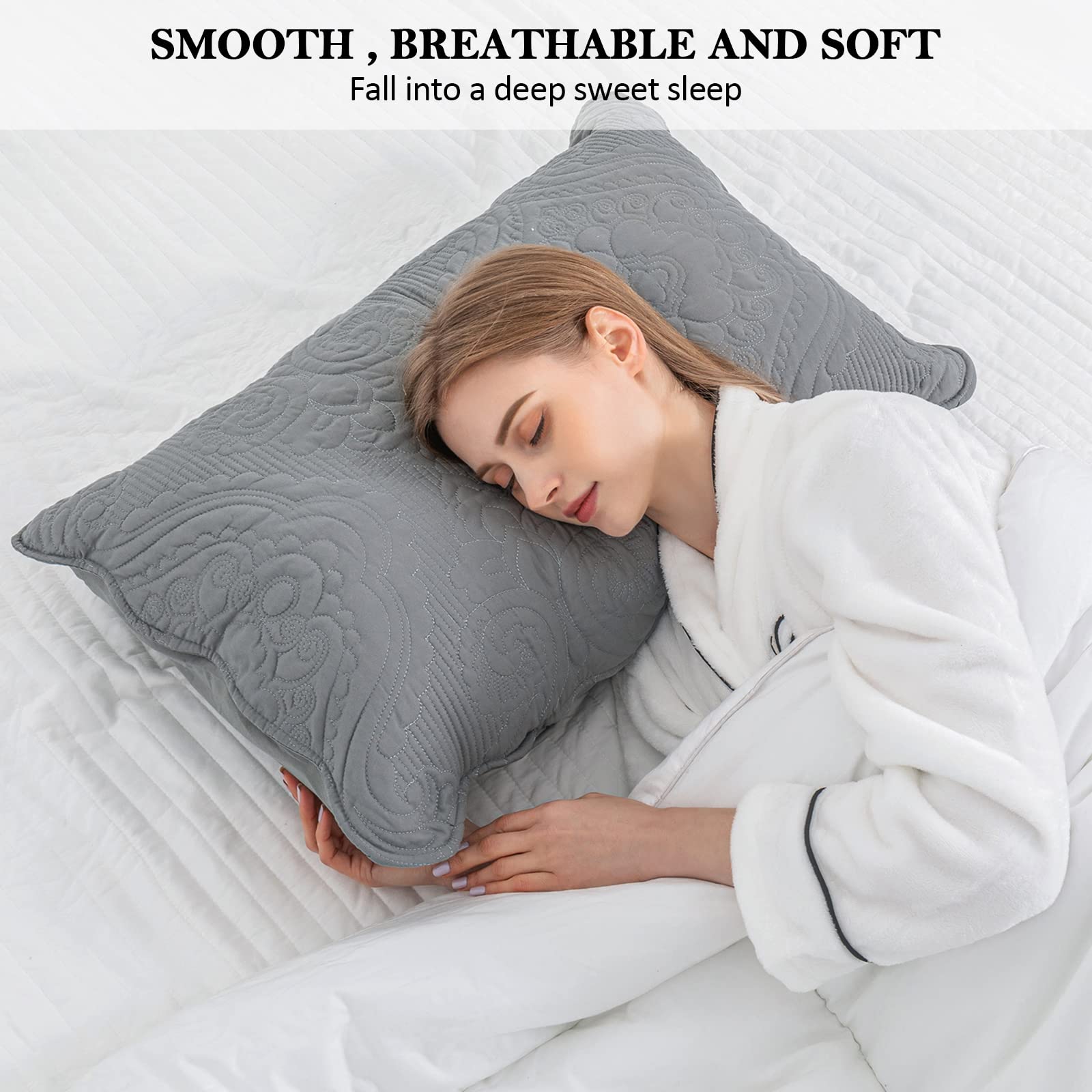 BOSOWOS 2-Pack Quilted Pillow Shams - Soft Breathable Microfiber Standard Pillow Covers with Envelope Closure (Grey, 20x26 Inches) - Perfect for Bedroom Decor, Guest Rooms & Cozy Home Styling