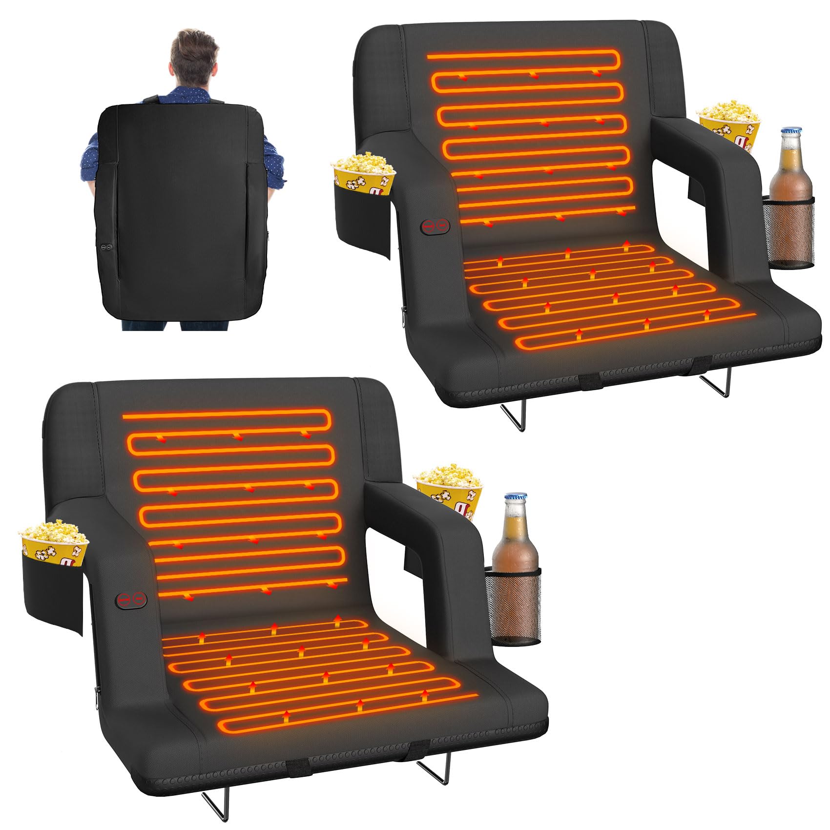 Dual-Sided Heated Stadium Seat with Back Support - Portable Bleacher Seat with 3 Heat Levels & 5 Storage Pockets - Perfect for Football Games, Concerts, Camping & Outdoor Events (Black)