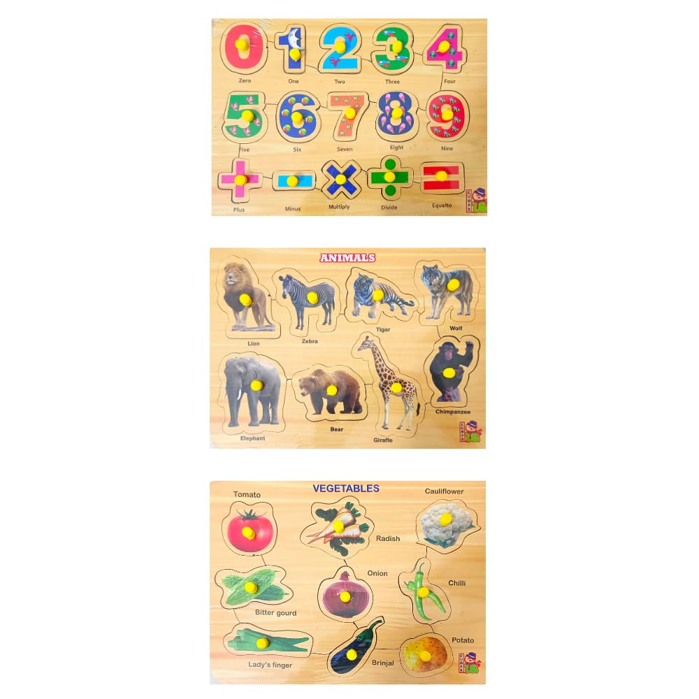 Educational Wooden Learning Boards & Puzzles for Kids 3+ Years - Alphabet, Numbers, Fruits, Animals, Birds & Vegetables - Montessori Toys for Toddlers & Jigsaw Puzzles for Adults - Perfect for Homeschooling, Classroom & Family Game Night