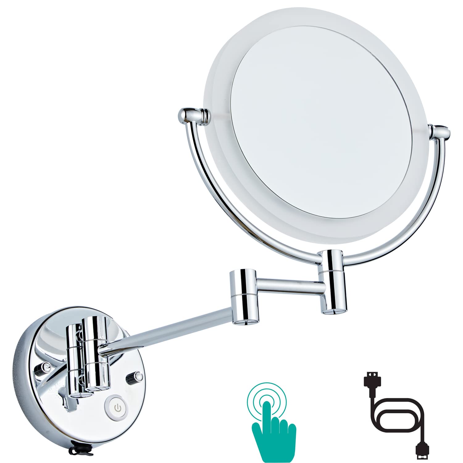 10X Magnification Wall Mounted Makeup Mirror - 8 Inch Double Sided Vanity Mirror with LED Lights & Touch Sensor, USB Rechargeable for Precise Makeup Application - Perfect for Bathroom, Bedroom & Dressing Room (Polish Chrome)
