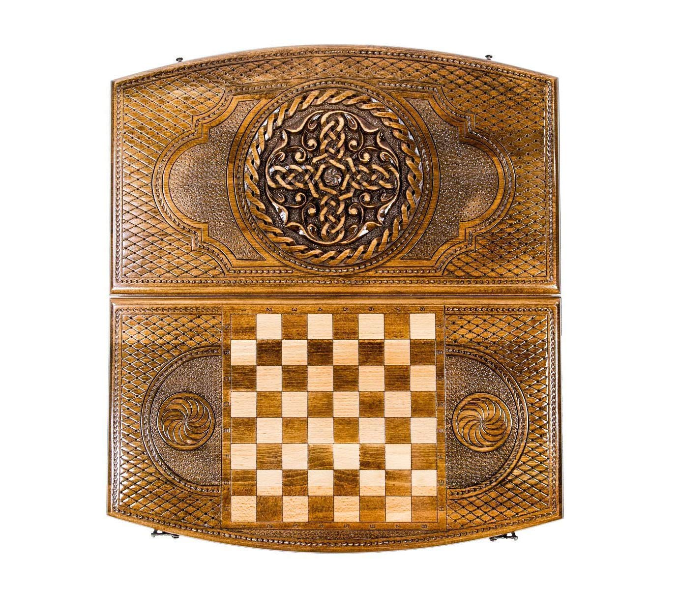 Handmade Walnut Wood Backgammon Board Game - Armenian Nardi Nardy with Floral Carvings - Classic Checkers & Chess Tabletop Game for Adults - Perfect Gift for Game Nights & Home Decor