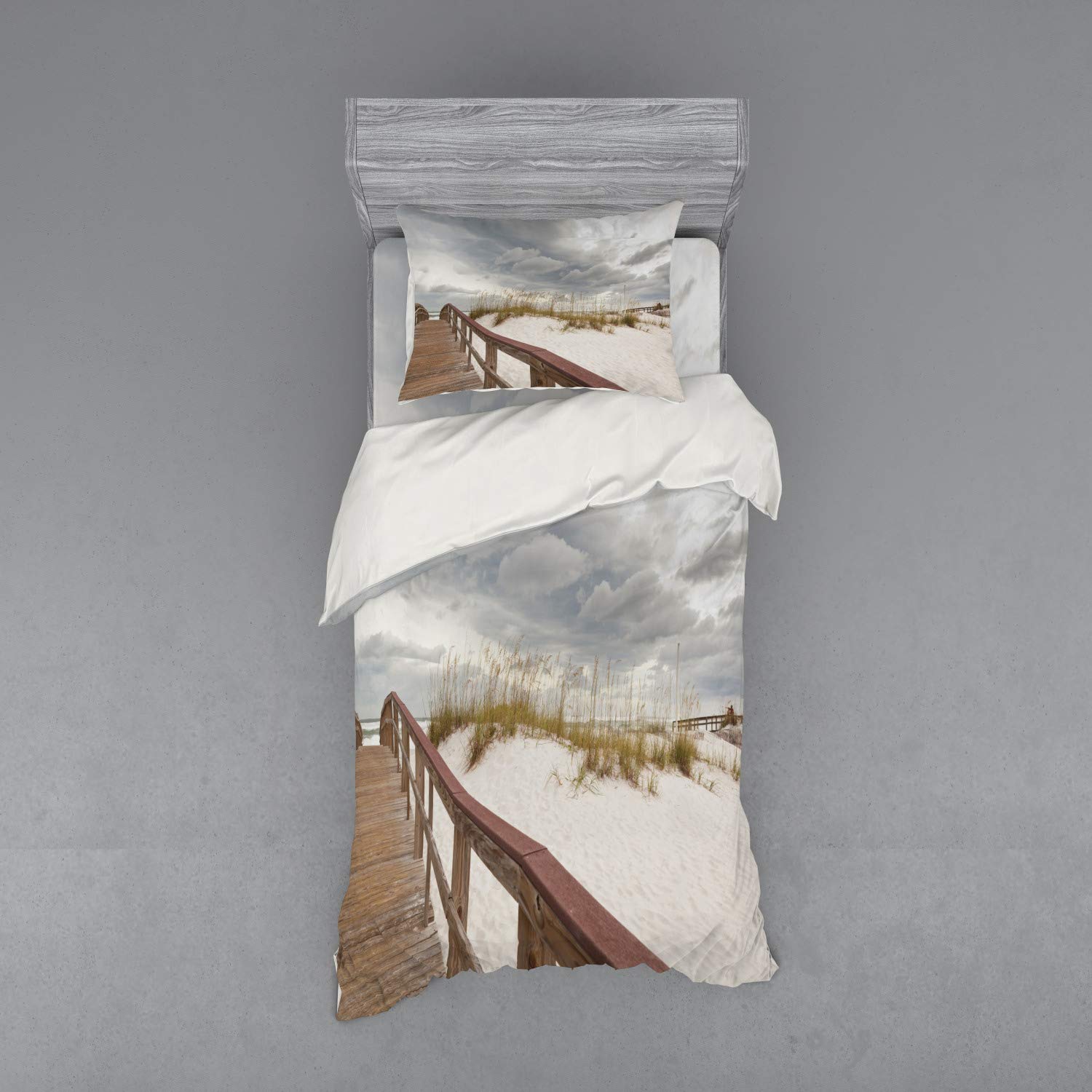 Ambesonne Beach Duvet Cover Set - Tropical Florida Seashore Landscape with Sand Footpath, 3-Piece Bedding Set Includes Sham & Fitted Sheet, Twin XL Size, Grey Cream - Perfect for Coastal Themed Bedrooms & Vacation Home Decor
