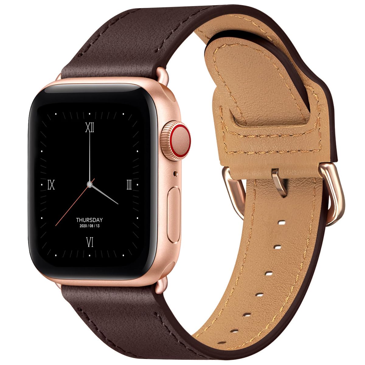 Premium Genuine Leather Apple Watch Bands for Women & Men - Compatible with iWatch Ultra, SE, Series 9/8/7/6/5/4/3/2 (45mm, 44mm, 42mm, 41mm, 40mm, 38mm) - Coffee & Rose Gold - Perfect for Workouts, Office & Everyday Wear