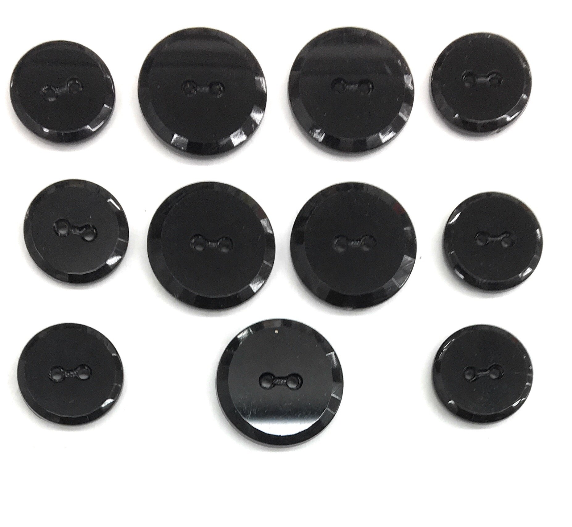 Jet Black Glass Buttons Set - 2 Hole Faceted Design for Dresses & Suits (11pc - 5pc 1