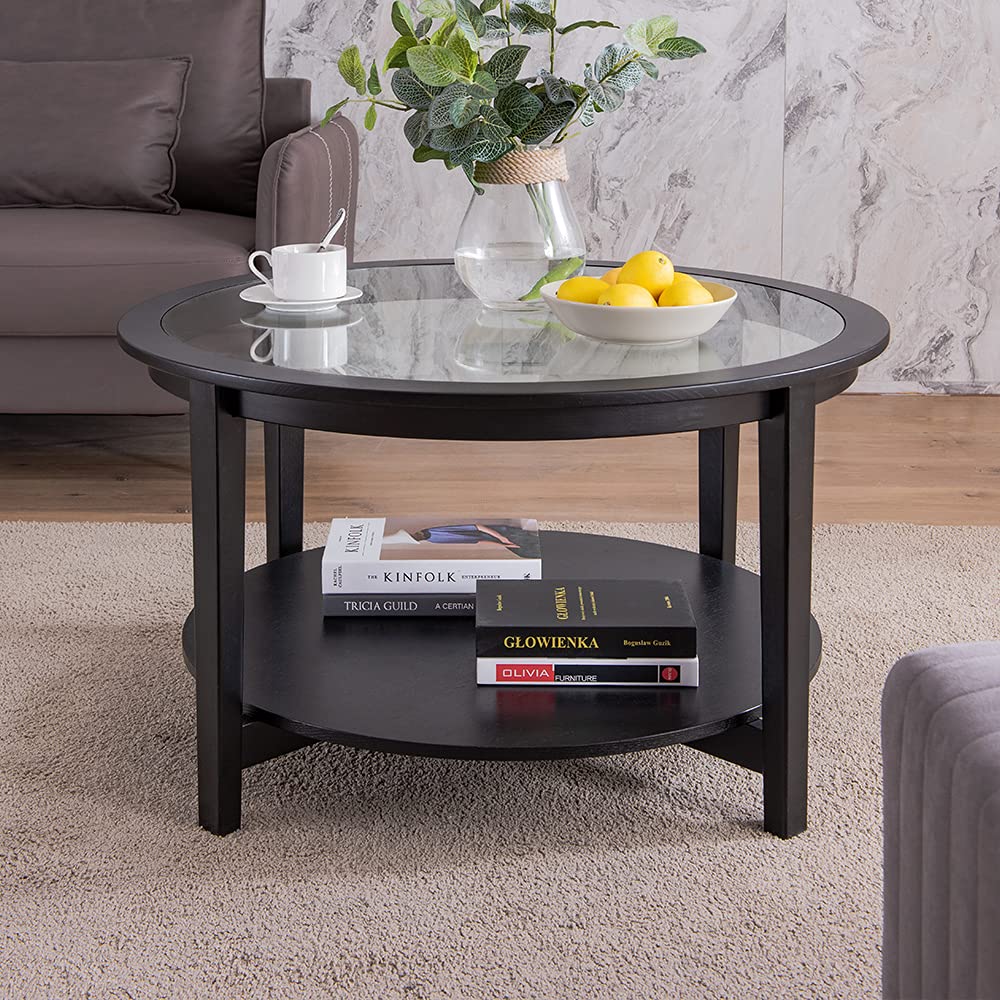 Lifeisbetter 36 Inch Modern Round Coffee Table with Large Storage Space, Glass Top Side Table for Living Room & Dining Room, Sturdy Metal Frame (Black) - Perfect for Small Spaces, Home Decor & Entertaining Guests