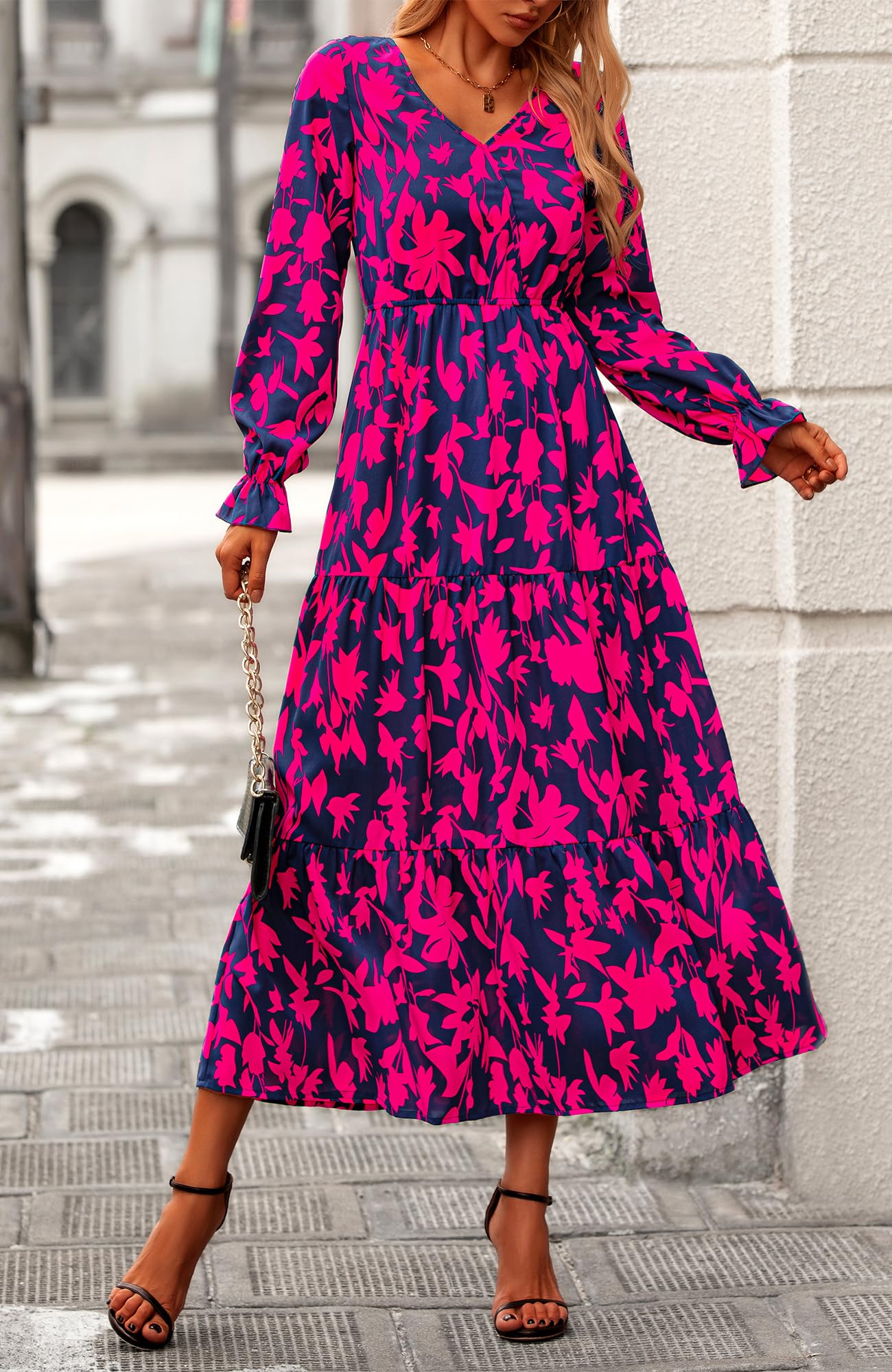 BTFBM Women's Floral Boho Maxi Dress 2025 - Long Sleeve V-Neck Casual Spring Dress for Wedding Guest, Beach, Party & Special Occasions