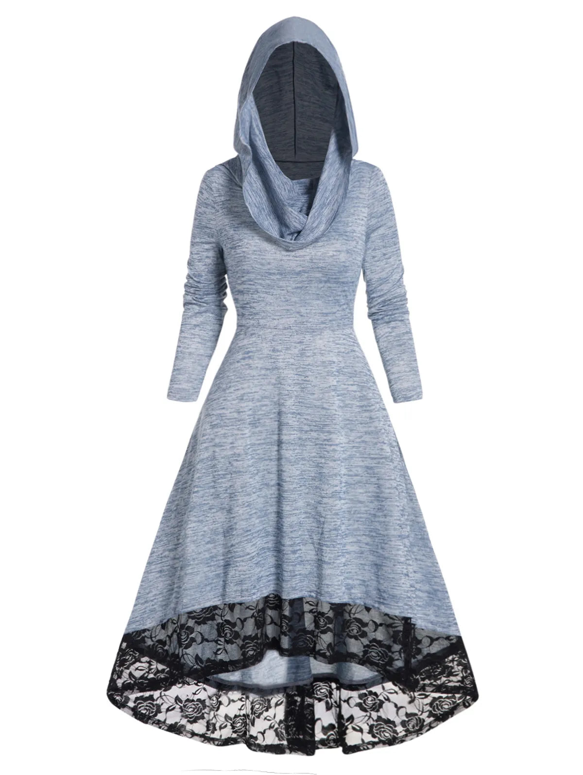 2024 Women's Autumn Space Dye Hooded Dress with Floral Lace Panel - High Waisted Long Sleeve High-Low Midi Dress for Fall Fashion | Perfect for Date Nights, Office Wear & Special Occasions
