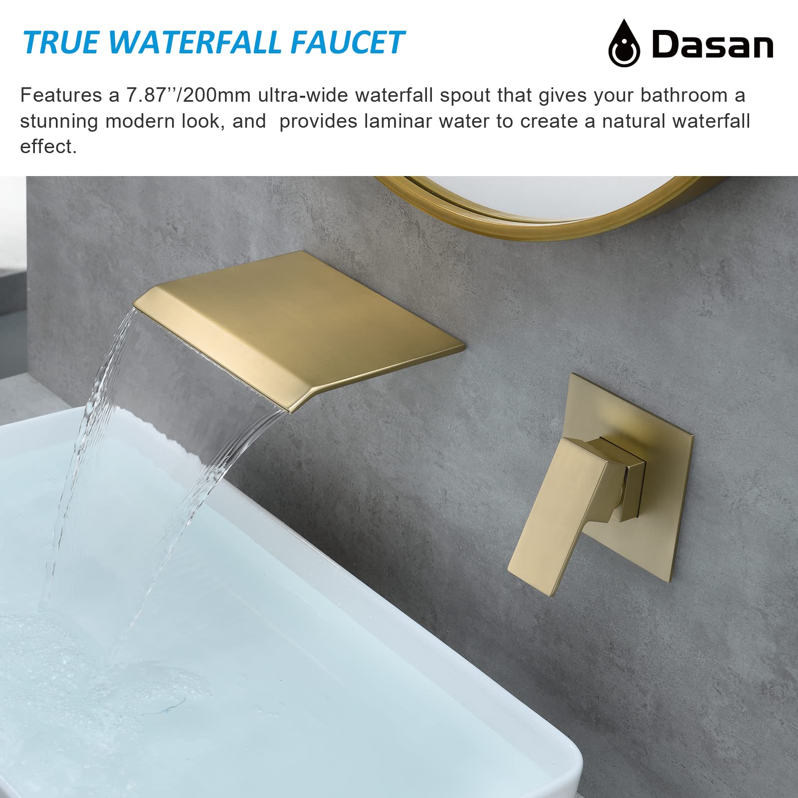 Brushed Gold Wall Mount Waterfall Bathroom Faucet - Single Handle Modern Wall Mounted Sink Faucet with Upgraded Rough-in Valve (DA-TFD3BG-NH) - Perfect for Spa-Like Bathrooms, Luxury Hotels, and Contemporary Home Decor