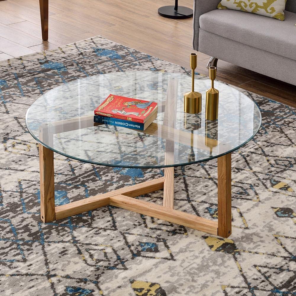Modern Round Glass Coffee Table with Tempered Glass Top & Sturdy Oak Wood Base - Cocktail Table, Sofa Table for Living Room, Lounge, Office - Perfect for Entertaining Guests or Relaxing with Family