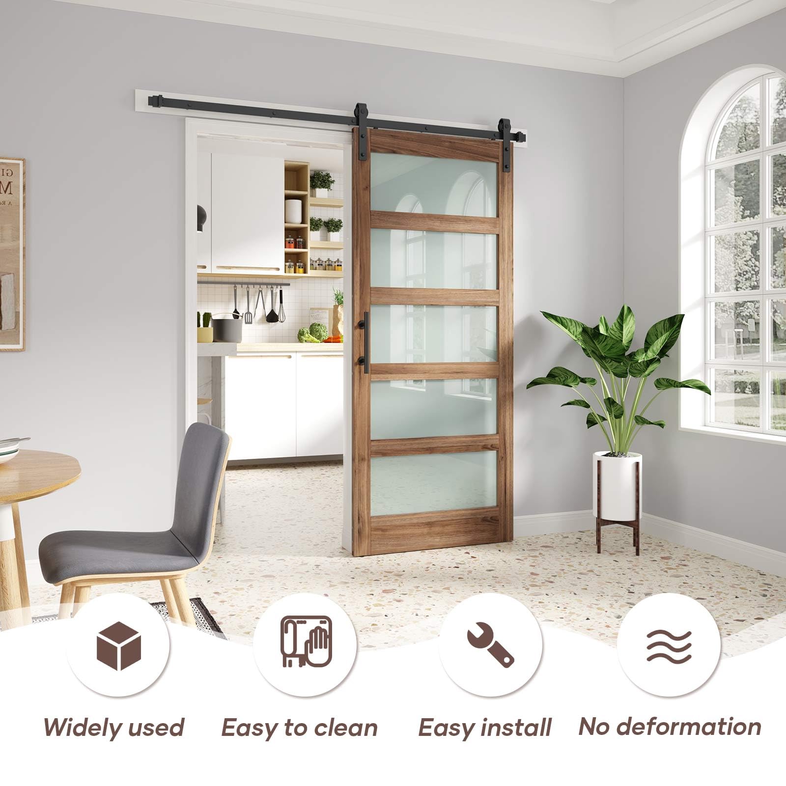 FREDBECK 36 x 84 Inch Frosted Glass Barn Door with Hardware Kit - 5-Panel Waterproof Sliding Door for Bedroom, Bathroom or Closet - Easy Assembly with Pre-Drilled Holes - Fits 33-34 Inch Openings