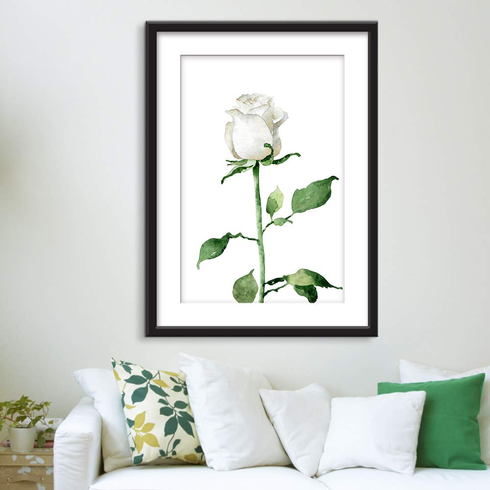 Wall26 - Framed Wall Art Print - Hand Drawn White Rose Floral Painting in Black Picture Frame with White Mat - 23x31 Inches - Perfect for Living Room, Bedroom & Office Decor
