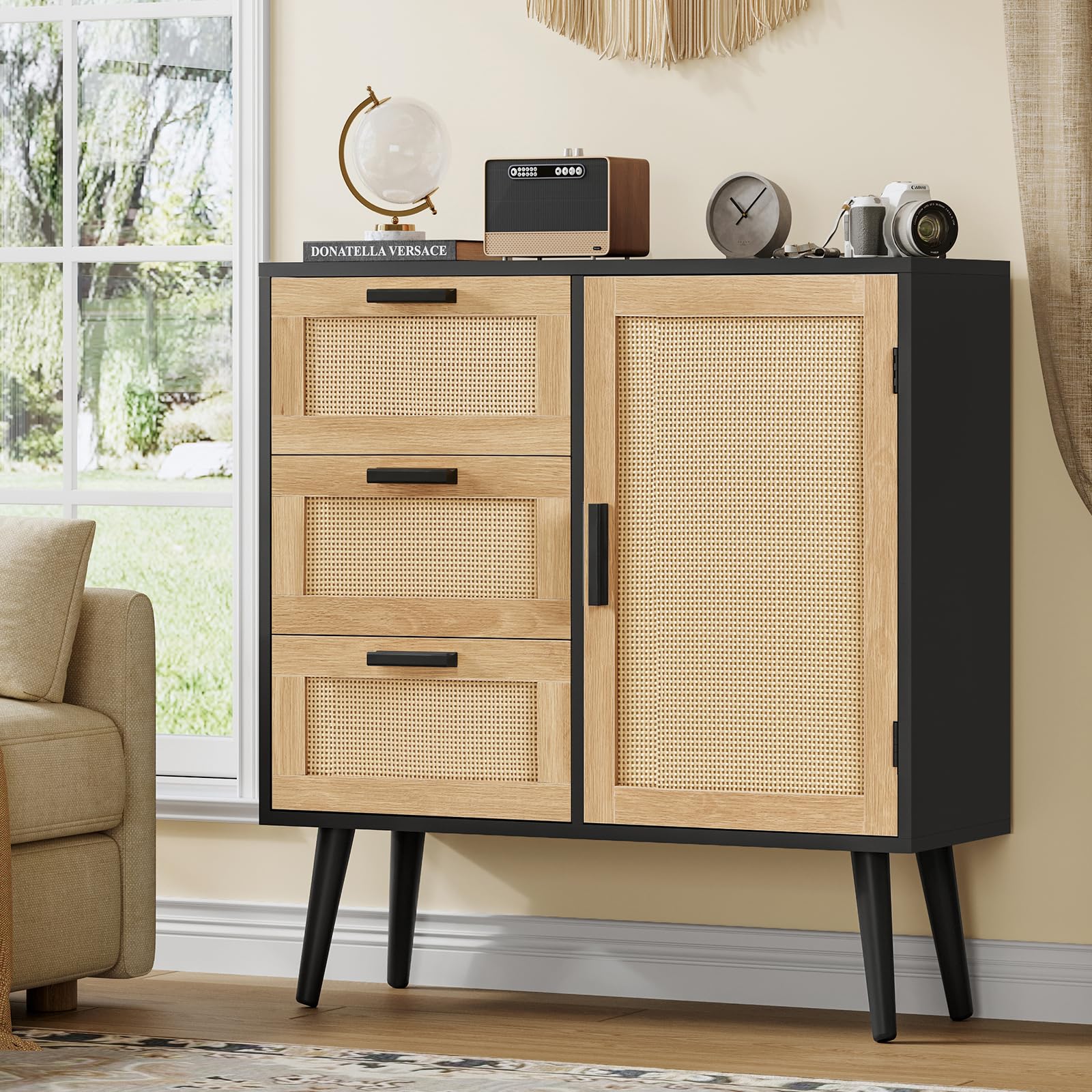Iwell Rattan Storage Cabinet with 3 Drawers & Adjustable Shelf - Entryway, Living Room, Dining Room Accent Cabinet - Black & Natural for Home Organization & Stylish Decor