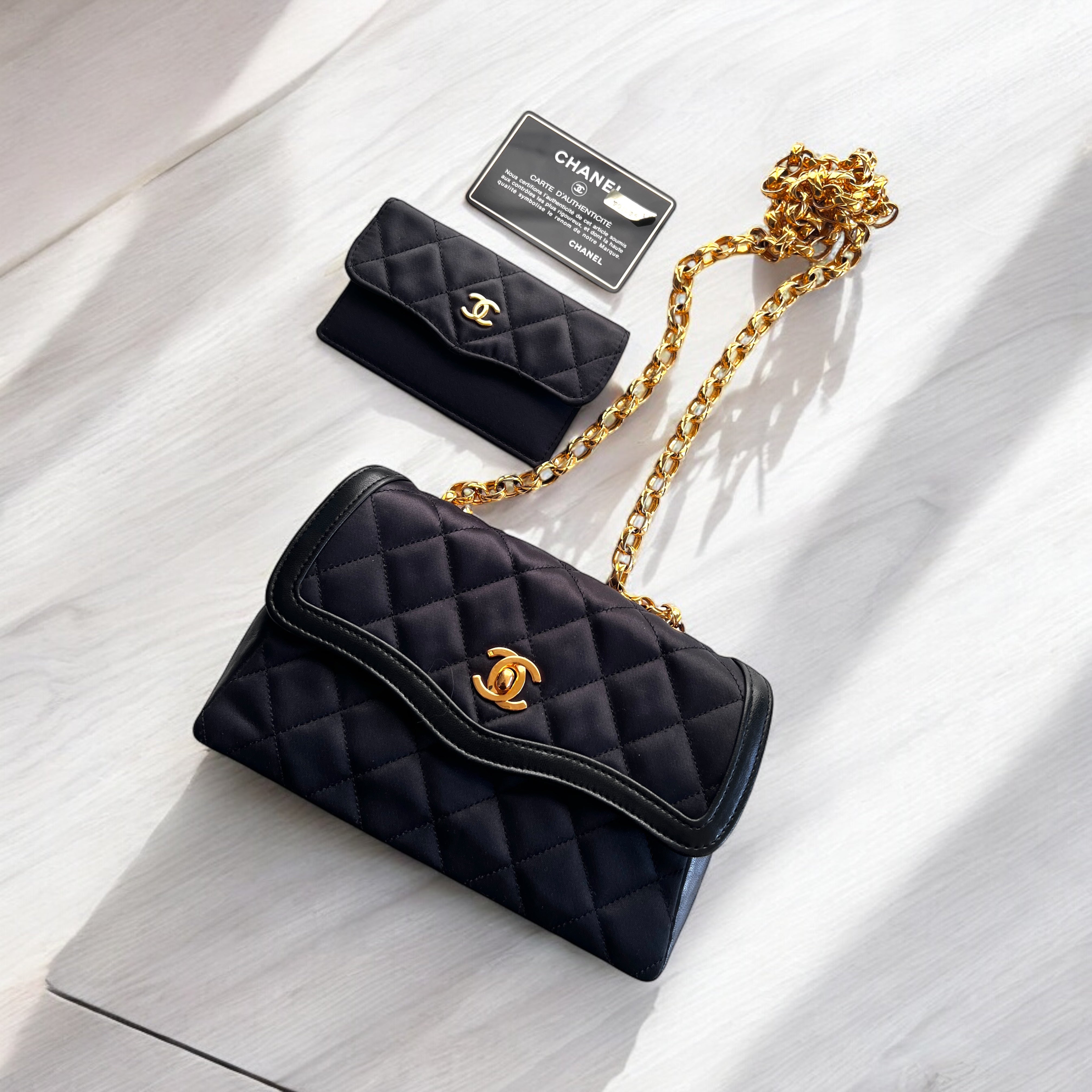 Vintage Chanel Satin & Leather Flap Bag with Card Holder - Luxury Designer Crossbody Purse for Women, Perfect for Evening Parties & Special Occasions