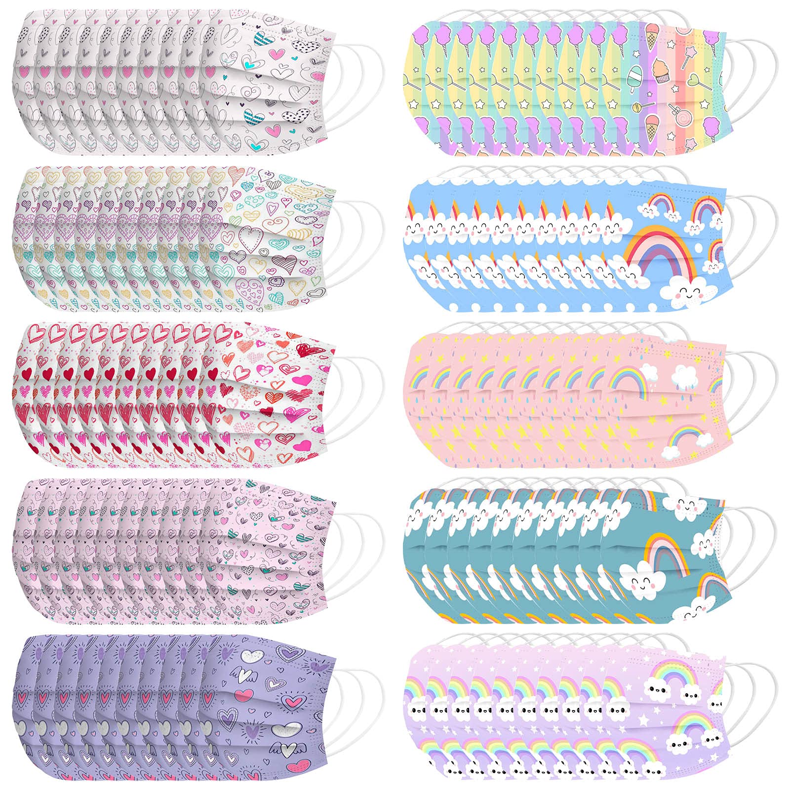 100-Pack Kids Disposable Face Masks - Assorted Colors, Cute Cartoon Designs with Nose Wire & Elastic Earloop, 3-Ply Breathable Face Covering for Boys and Girls - Perfect for School, Outdoor Activities, and Daily Protection