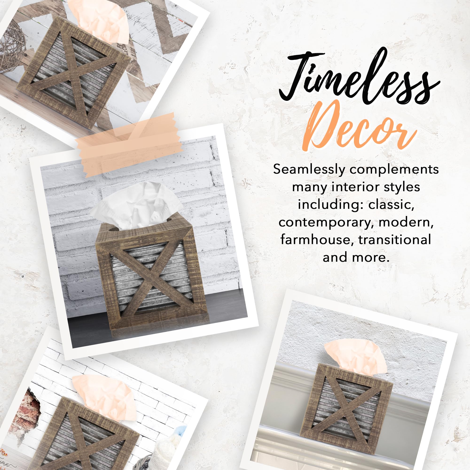 Rustic Square Farmhouse Tissue Box Cover - Wooden Bathroom Tissue Holder with Galvanized Decor for Farmhouse Style Homes | Perfect for Bathroom, Living Room, and Bedroom Décor