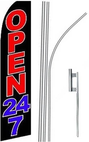 2 Pack OPEN 24/7 Black/Red/Purple 15ft Swooper Feather Flag Kit - Perfect for Car Dealerships, Retail Stores, and Outdoor Events