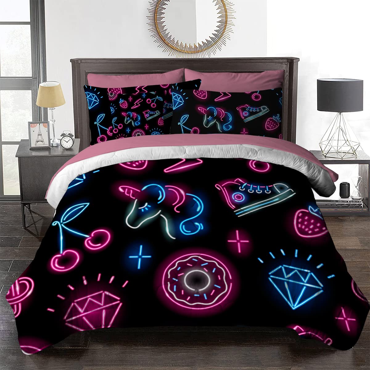 BlessLiving 8-Piece Neon Unicorn Comforter Set for King Bed - Pink & Blue Unicorn Bedding with Comforter, Sheets, Pillowcases, Shams & Cushion Cover | Cute Unicorn Theme Bedroom Decor for Girls & Teens | Perfect for Birthday Gifts & Dreamy Bedroom Makeovers