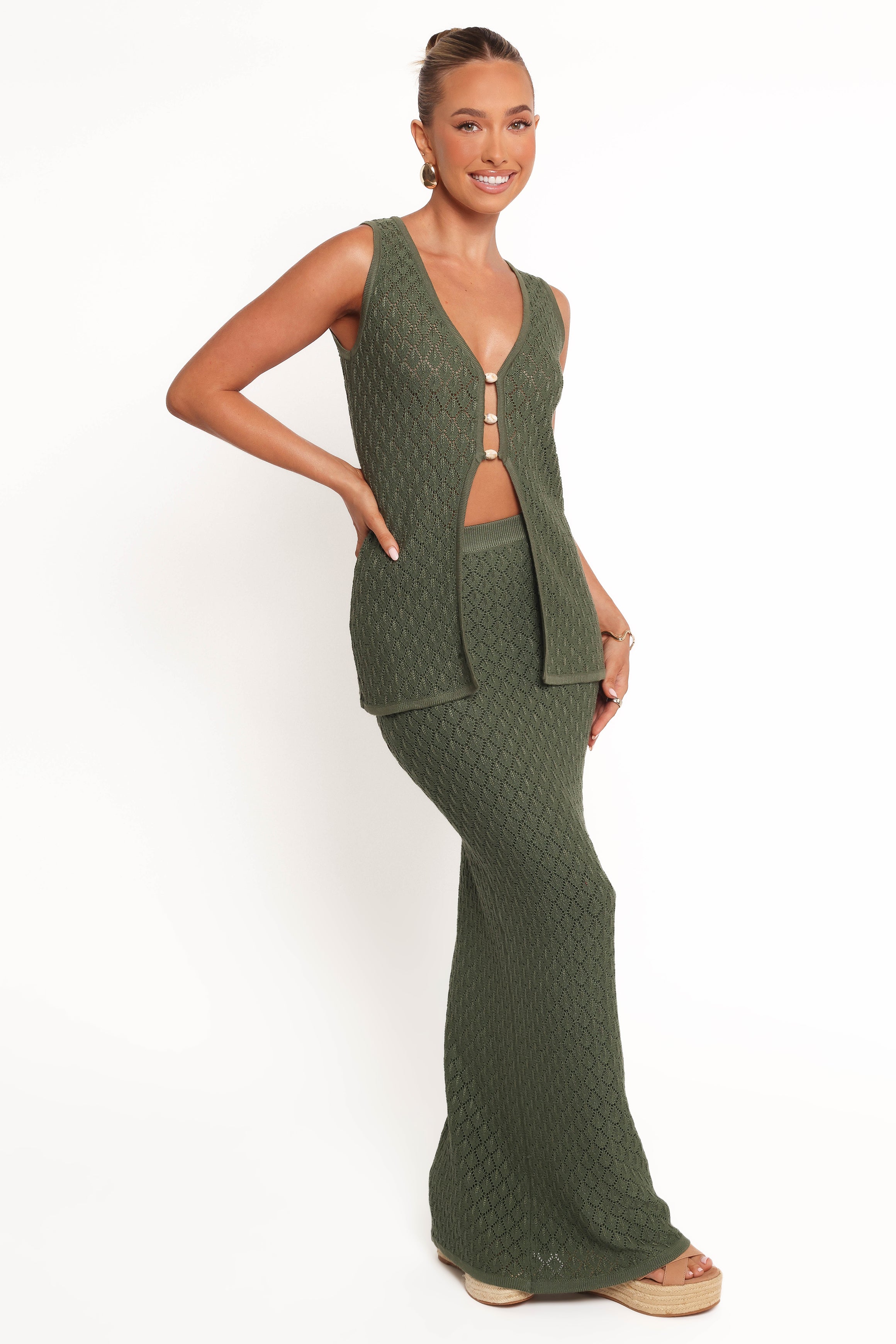 Asplie Knit Maxi Skirt for Women - Olive Green Long Flowy Skirt with Elastic Waist | Perfect for Casual Wear, Beach Outfits & Boho Style Fashion