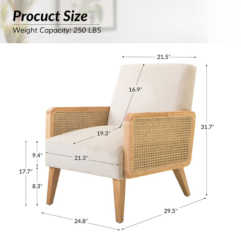 Sybil Cane Armchair - Handwoven Rattan Accent Chair with Cushion | Boho Chic Living Room, Bedroom, or Patio Furniture for Home Decor