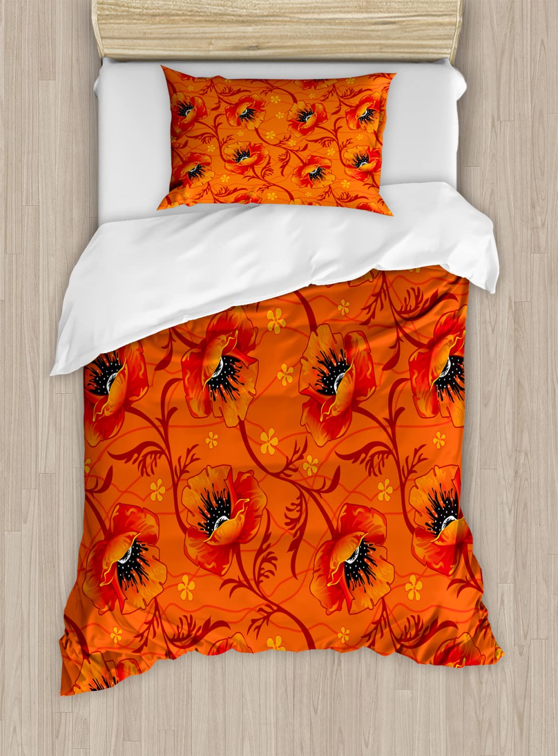 Ambesonne Orange Duvet Cover Set - Bohemian Floral Print King Size Bedding | 2 Duvet Covers & 4 Pillowcases | Poppy Flower Design in Orange & Yellow | Perfect for Bohemian Bedroom Decor & Romantic Master Suite