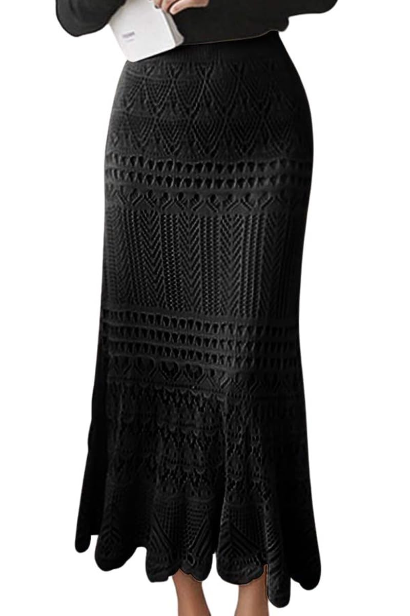 Women's Crochet Knitted Stretchy High Waist Hollow Out Lined Lace Maxi Skirt - Boho Summer Beach Dress for Vacation, Party & Casual Wear