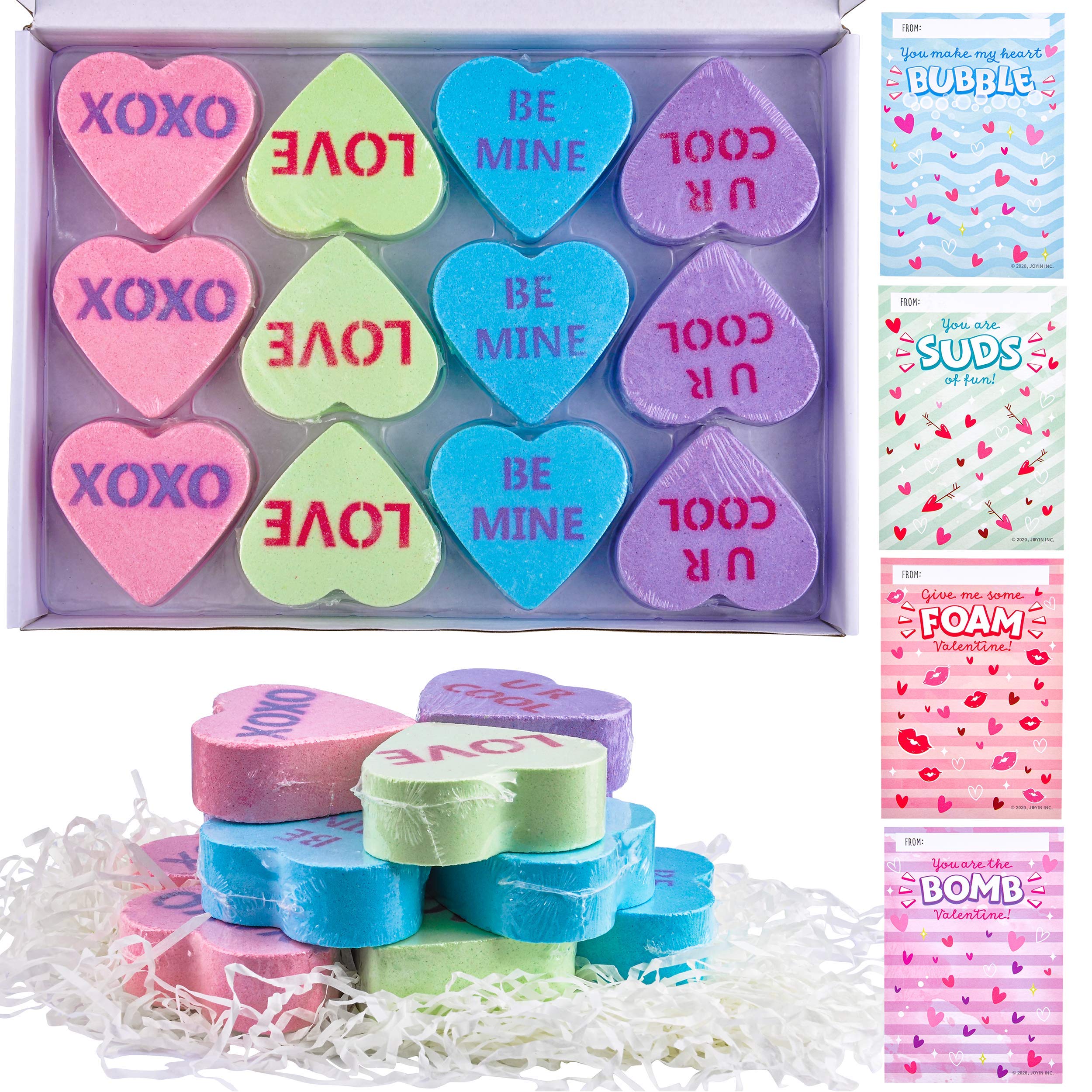 JOYIN 12 Pack Heart Shaped Bath Bombs with Valentine's Day Cards - Kids Party Favors, DIY Gifts for Her, Romantic Gifts for Couples - Perfect for Spa Nights, Birthday Celebrations & Holiday Gifting