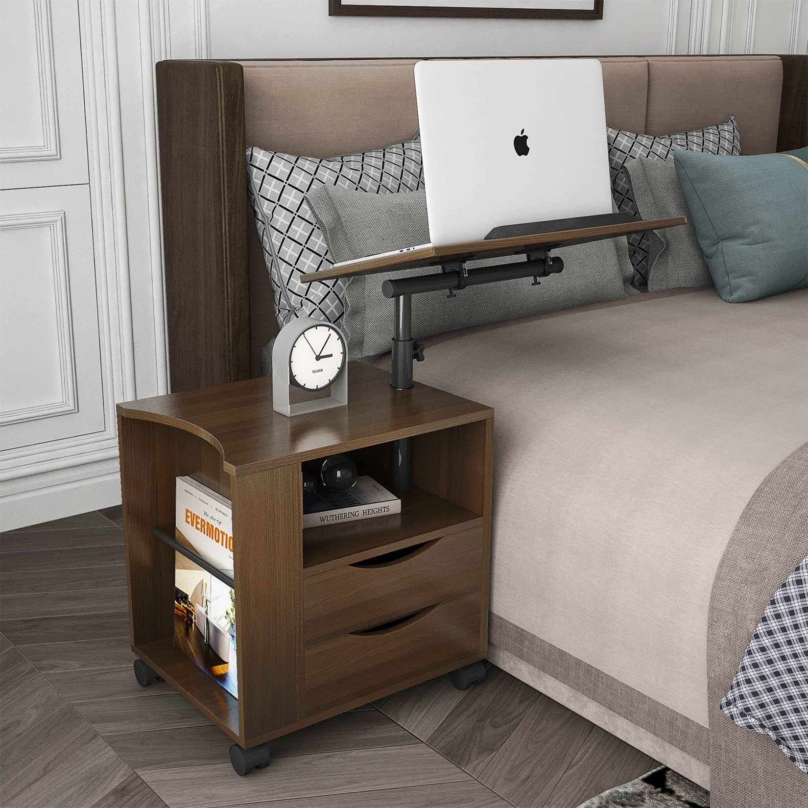 Adjustable Swivel Tilt Nightstand with Storage Drawers & Wheels - Multifunctional Bedside Table, Laptop Cart, and End Table with Magazine Holder - Perfect for Home Office, Bedroom, and Small Spaces (Black Walnut)