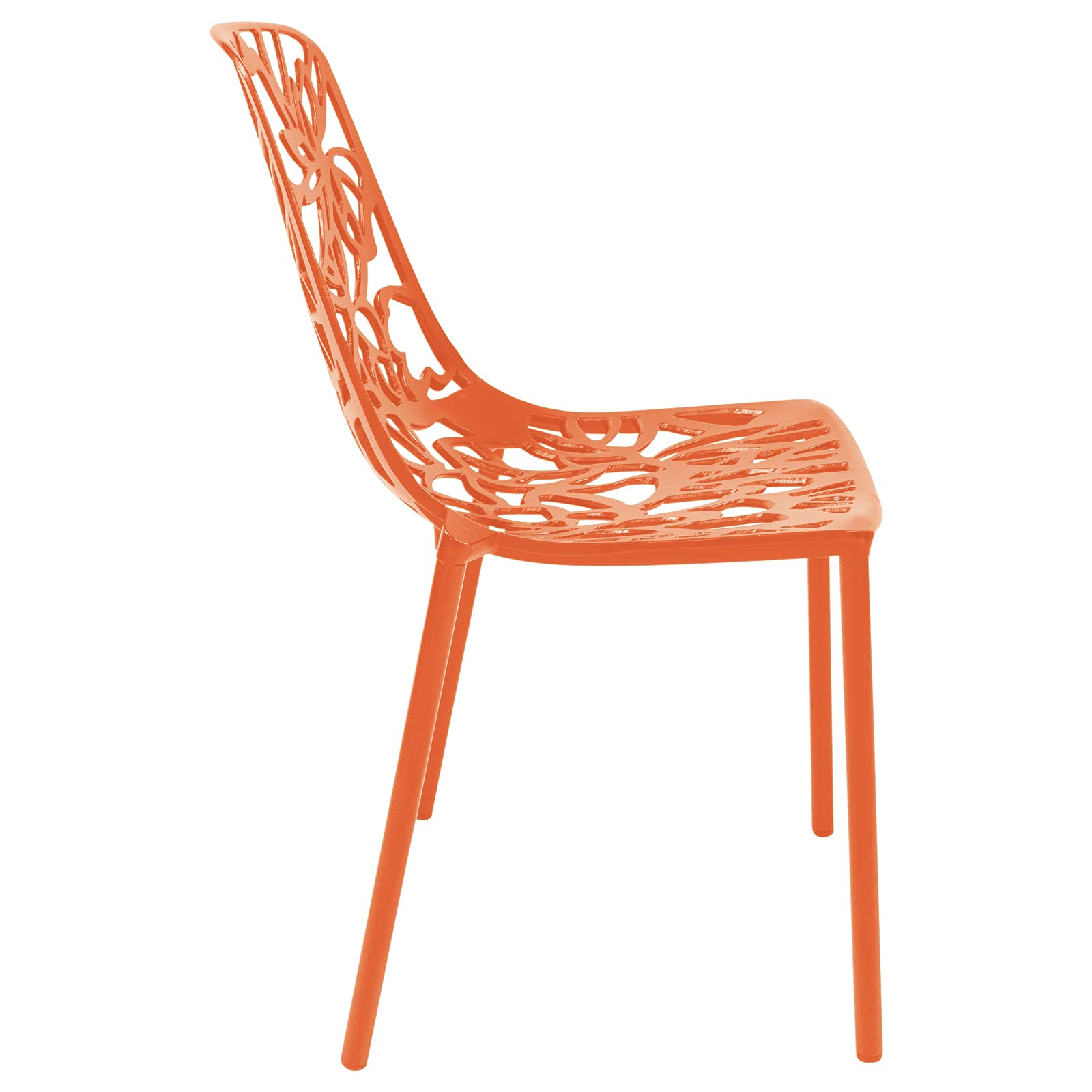 LeisureMod Aluminum Stackable Patio Chairs Set of 2 - Indoor/Outdoor Dining Side Chairs with Floral Cutout Design, Devon Collection in Orange - Perfect for Backyard, Garden, Poolside & Kitchen Use