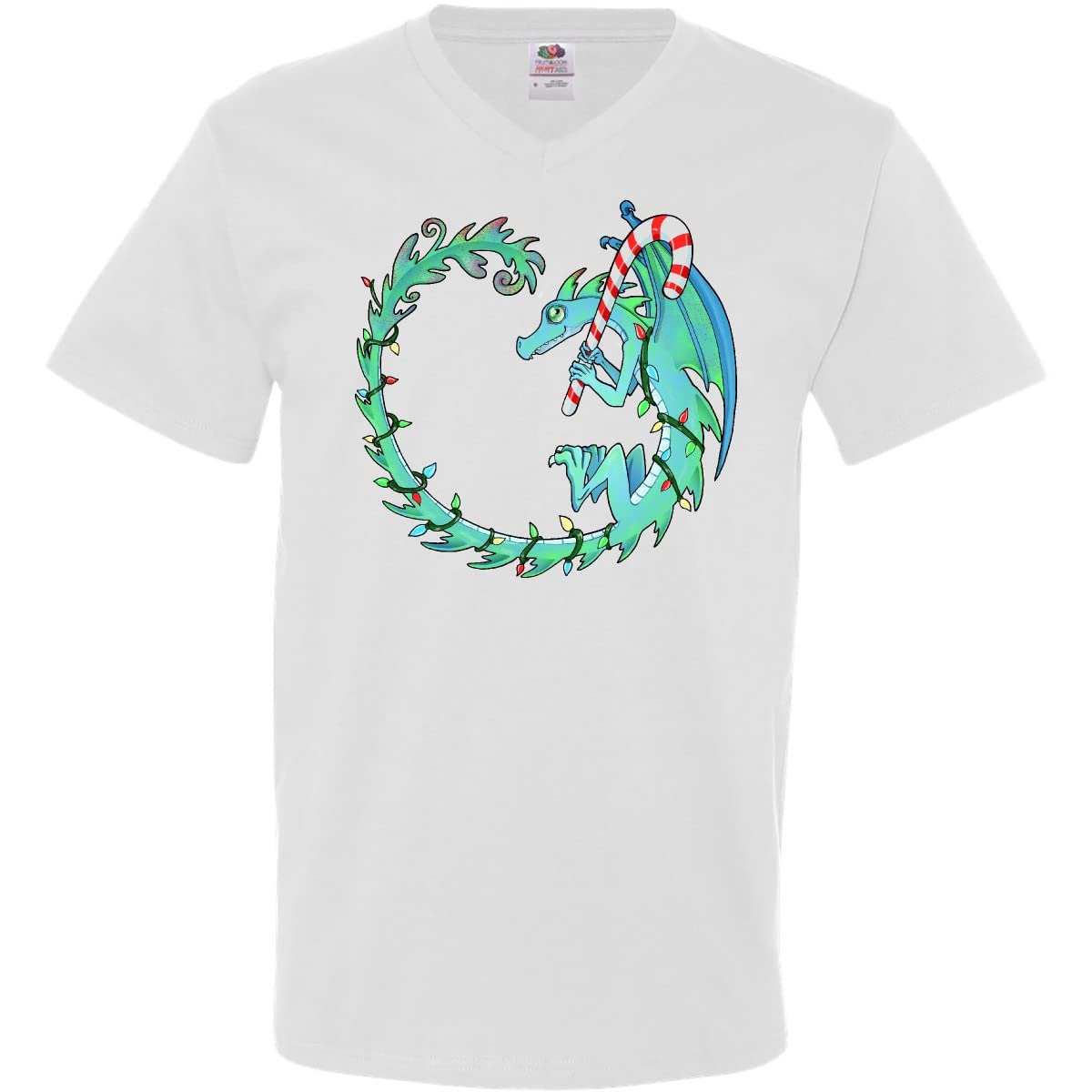 Inktastic Christmas Dragon with Candy Cane Men's V-Neck T-Shirt - Festive Holiday Graphic Tee for Christmas Parties & Gift Giving