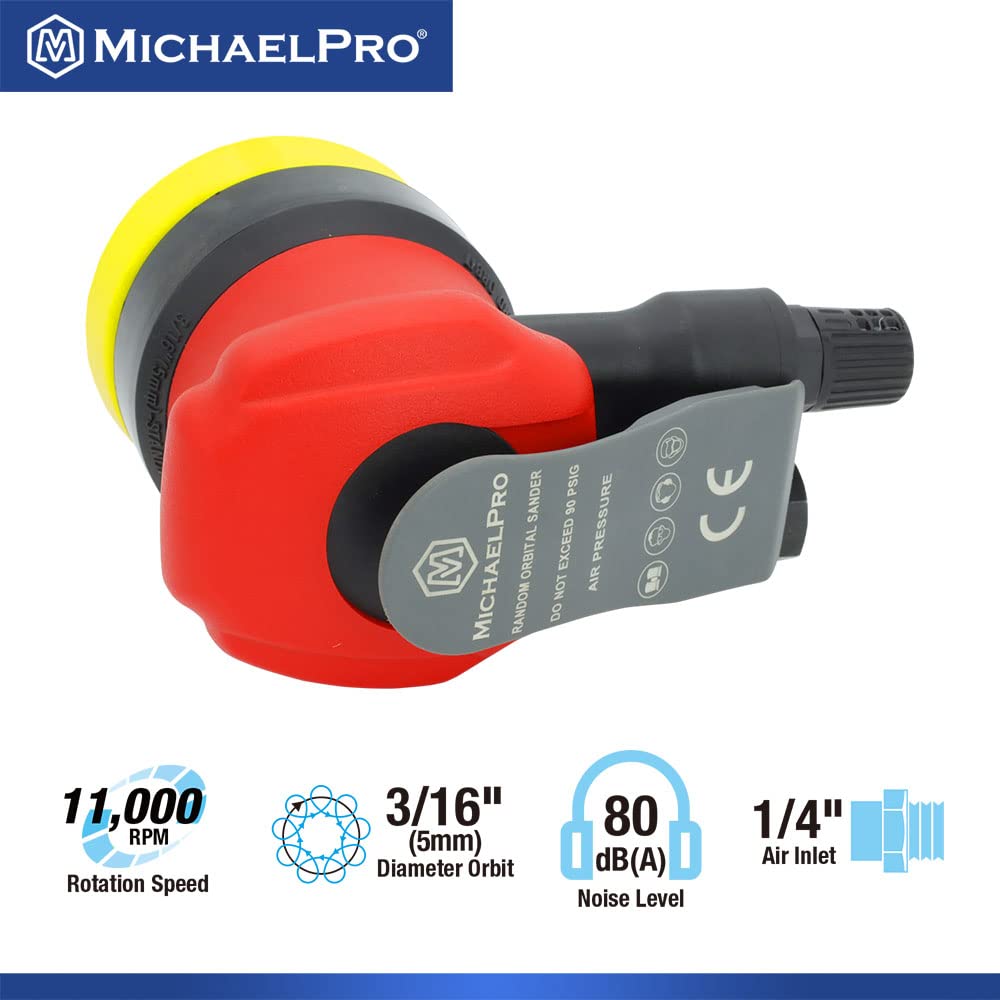MichaelPro MPA01040 3-Inch Random Orbit Sander | 5mm Pneumatic Palm Sander for Woodworking, Metal & Composite Materials | Perfect for Sanding Furniture, Auto Body & DIY Projects
