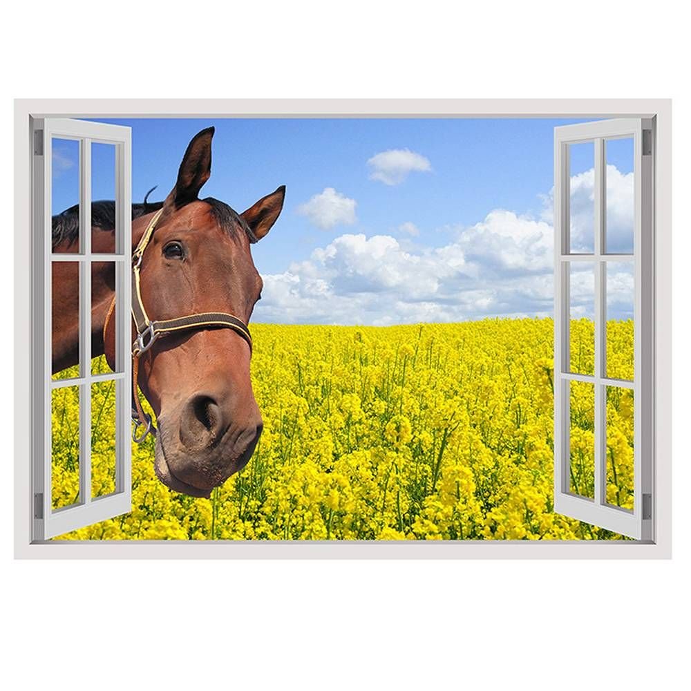 Alonline Art - Fake 3D Window Horse in Field Wall Sticker Vinyl Decal | 39x28 Inches (100x71cm) | High Definition Wall Art for Living Room Decor | Perfect for Home, Office & Nursery Wallpaper