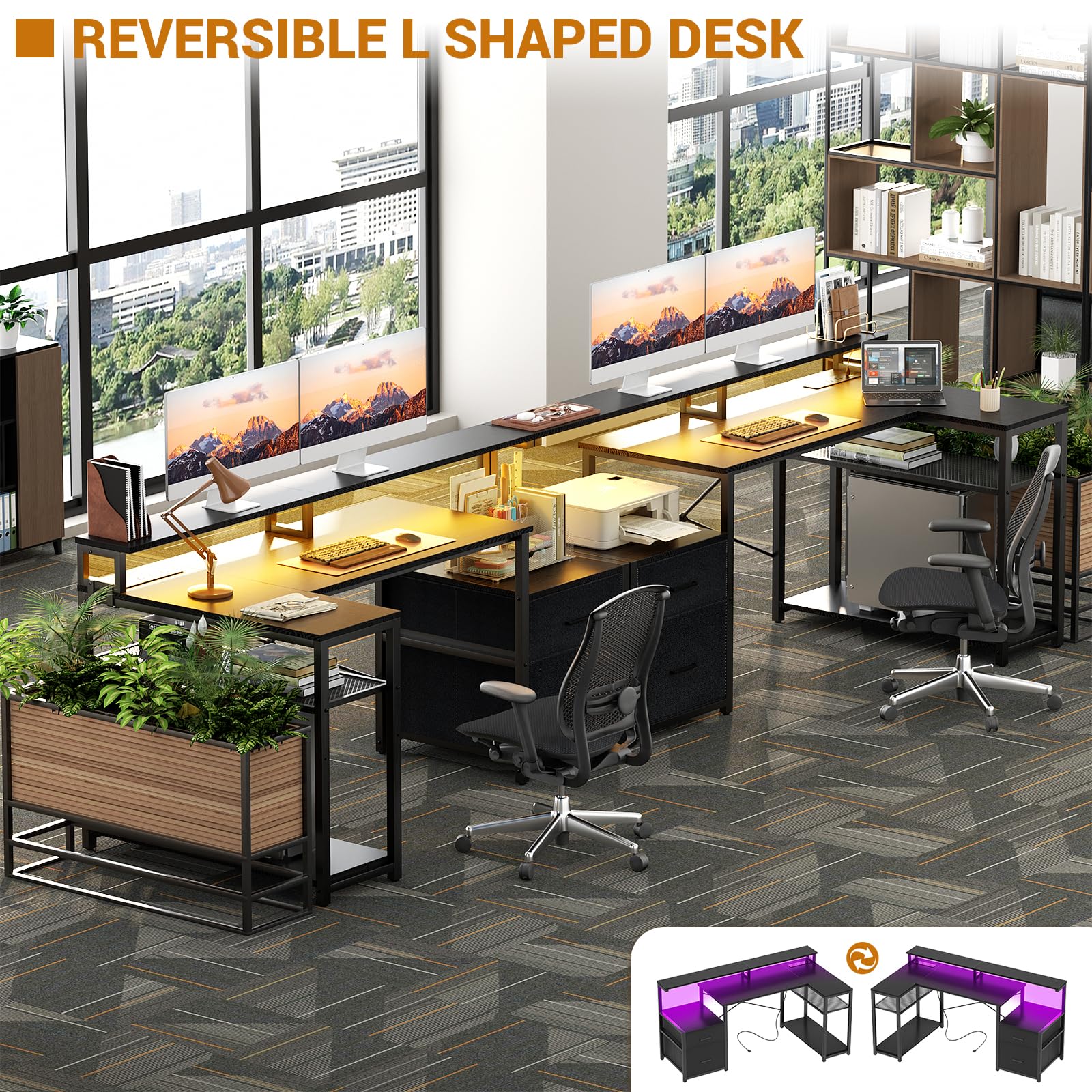 Aheaplus Reversible L-Shaped Computer Desk with File Drawer, Power Outlet & LED Strip - Home Office Gaming Desk with Monitor Shelf & Storage Shelves, Black - Perfect for Small Spaces, Work from Home & PC Gaming Setups