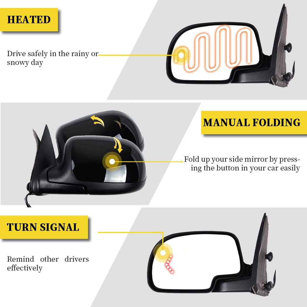 Black Left Side Mirror Replacement for 2007 Chevy Silverado 1500 Classic - Manual Fold, Heated, Turn Signal - Smooth Glass - Perfect for Winter Driving & Daily Commutes