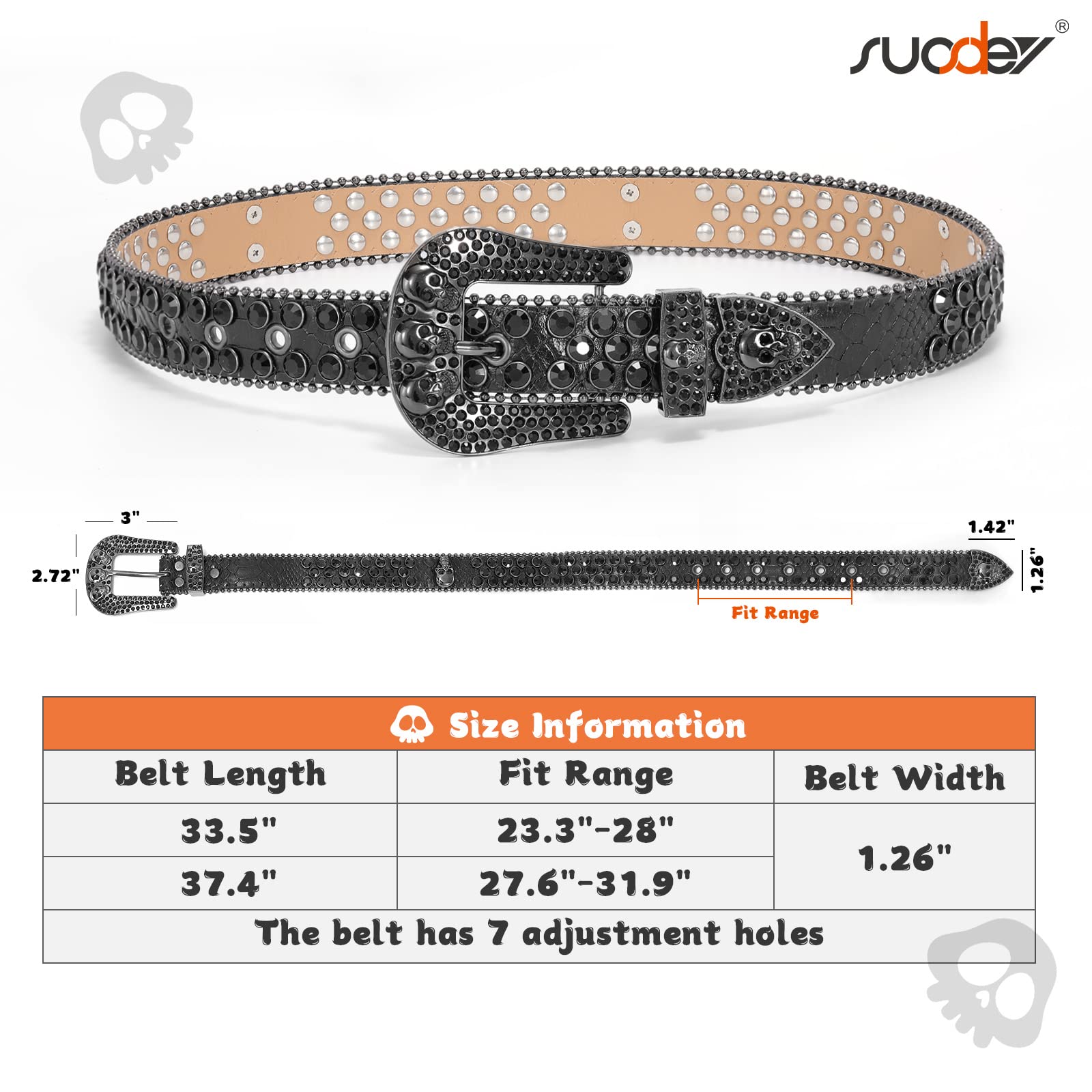 SUOSDEY Rhinestone Skull Leather Belt for Kids - Western Bling Cowboy Cowgirl Belt for Boys & Girls - Stylish Belt for Jeans & Pants - Perfect for Western Parties, Rodeos & Everyday Fashion