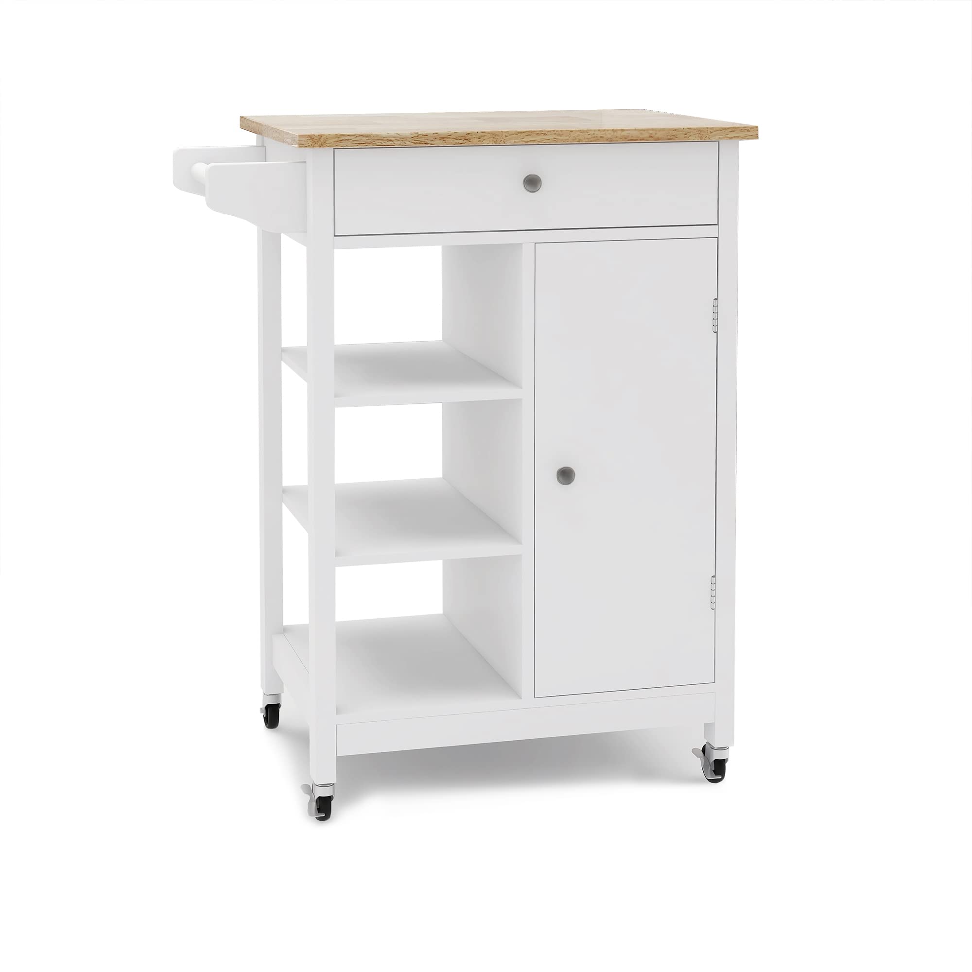 Premium Kitchen Island Rolling Trolley Cart with Towel Rack & Rubber Wood Table Top - Mobile Kitchen Storage Organizer for Small Spaces, Dining Room, or Outdoor Entertaining