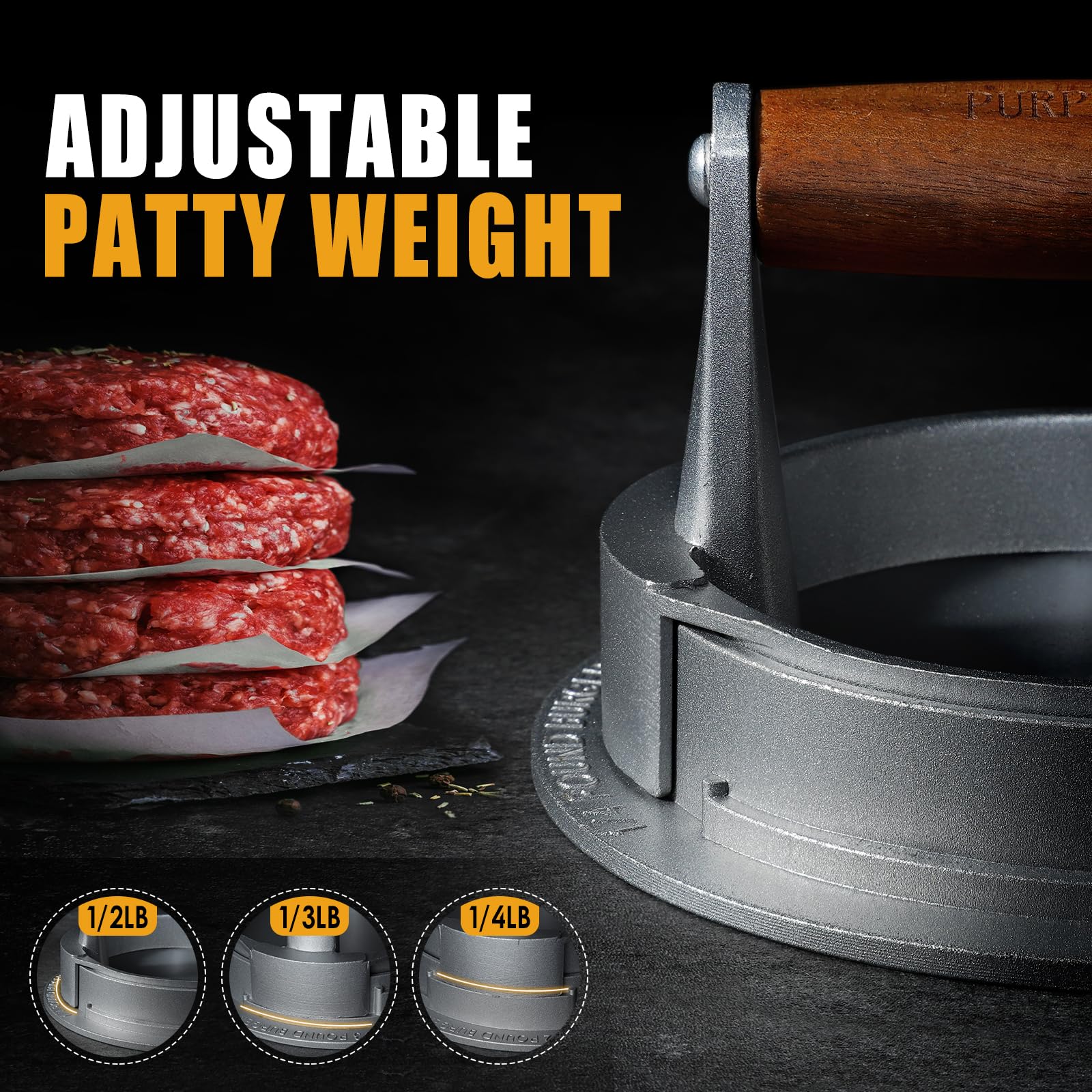 Premium Adjustable Hamburger Press Patty Maker - 3-in-1 Cast Aluminum Burger Shaper Mold for 1/2 lb, 1/3 lb & 1/4 lb Patties - Includes Stuffed Burger Ring & Sausage Slider - Perfect for BBQ, Backyard Grilling & Homemade Burgers - Great Gift for Dad & Mom