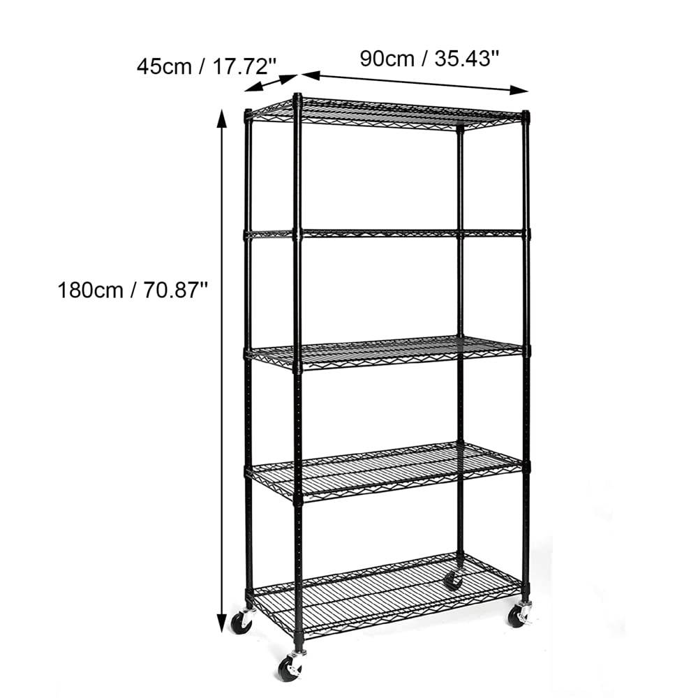 Karl Home Heavy Duty 5-Tier Storage Shelving Unit with Wheels - Adjustable Metal Wire Shelves Rack for Garage, Kitchen, Basement Organization - 1100lbs Capacity (35.43