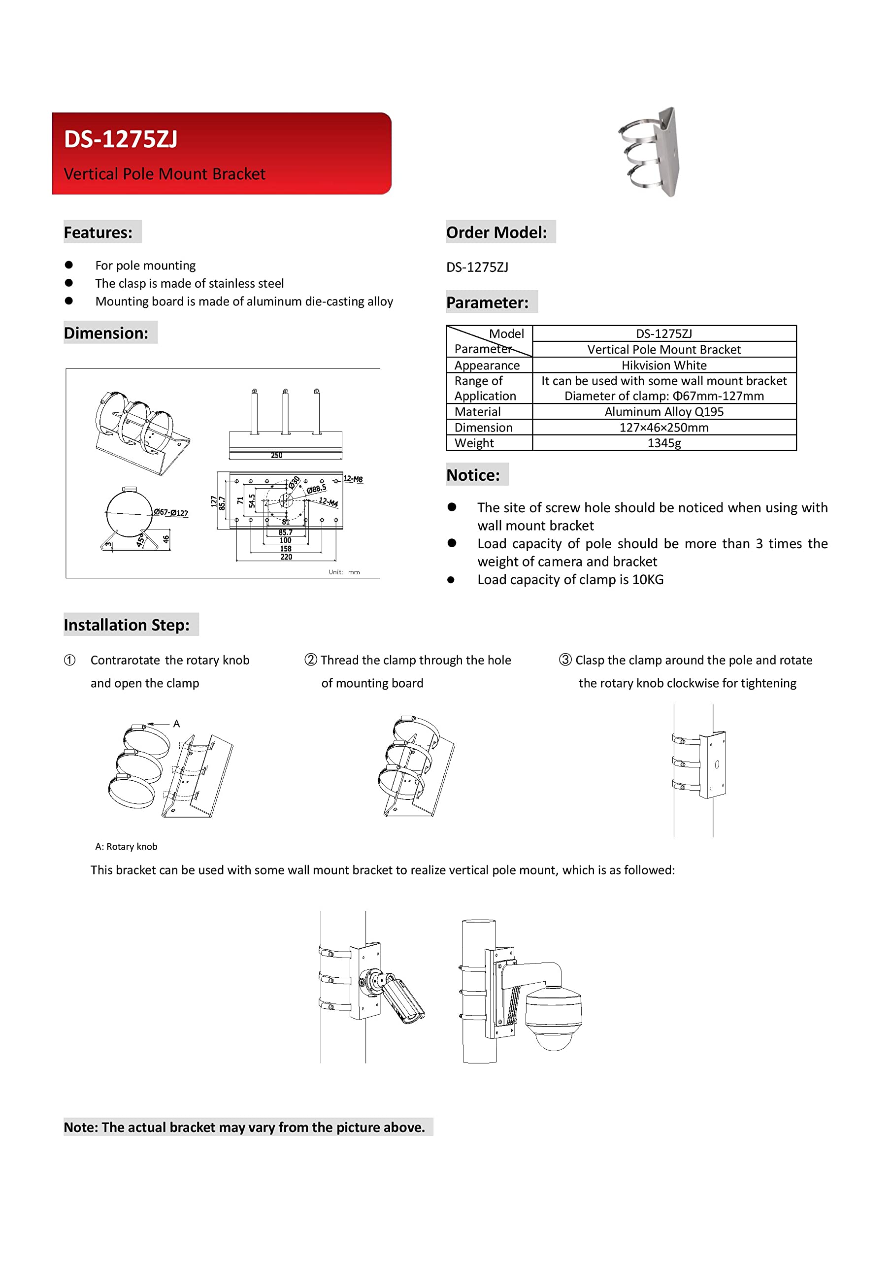 Universal Vertical Pole Mount Adapter for Hikvision PTZ Cameras - Compatible with WMS, WML, PC130T, DS-1273ZJ-130-TRL & More - HD Real PM DS-1275ZJ LTB378 Pole Mount - Ideal for Outdoor Security & Surveillance Systems
