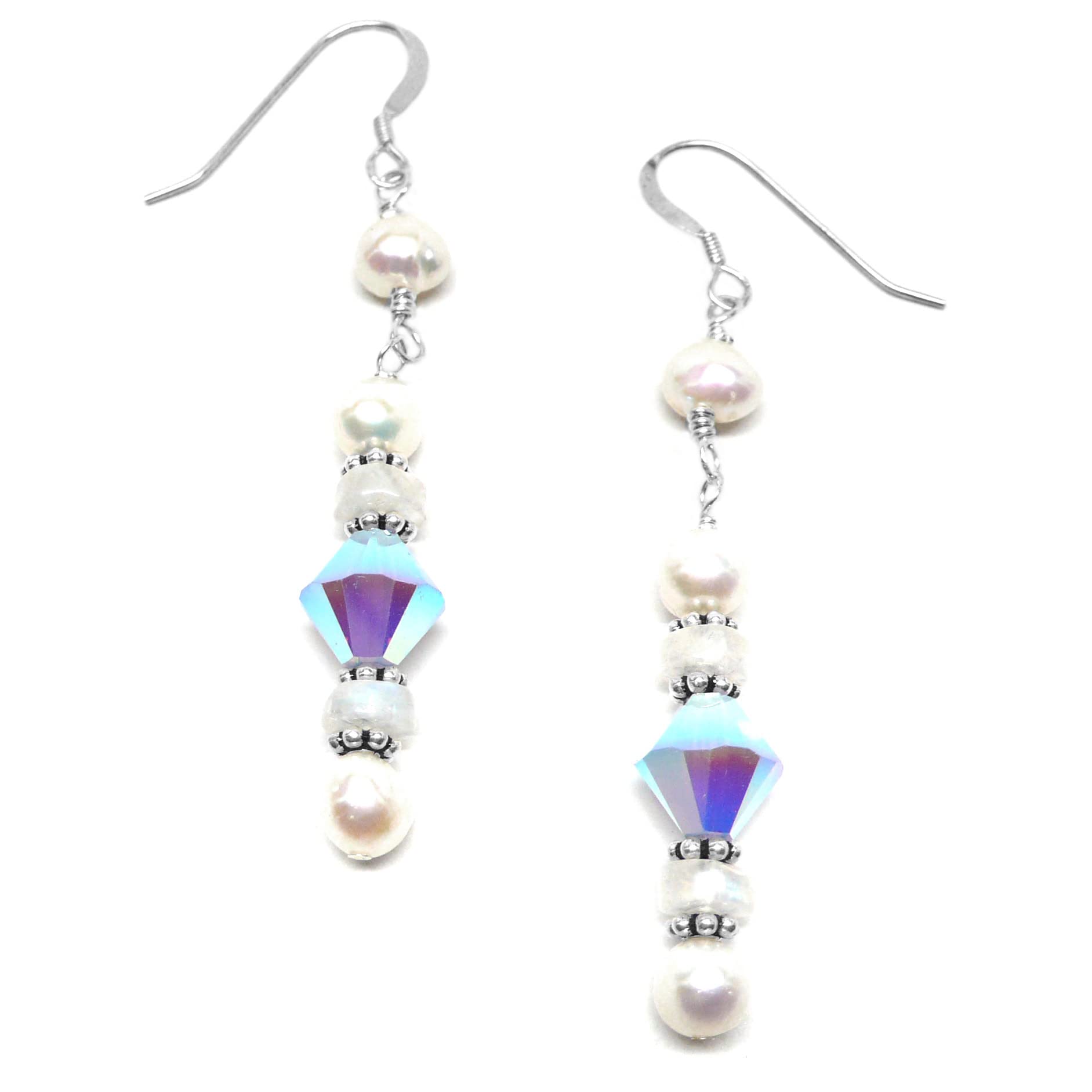 Moonstone Crystal & Sterling Silver Cultured Freshwater Pearl Earrings for Women - Elegant Dangle Earrings for Wedding, Party & Special Occasion Jewelry Gifts