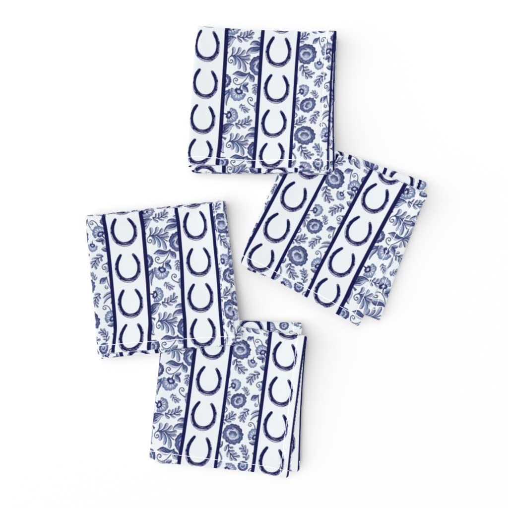 Premium Linen Cotton Canvas Cocktail Napkins Set of 4 - Delft Stripes Equestrian Horse & Floral Chinoiserie Blue Print | Elegant Drink Coasters for Parties, Weddings & Home Decor