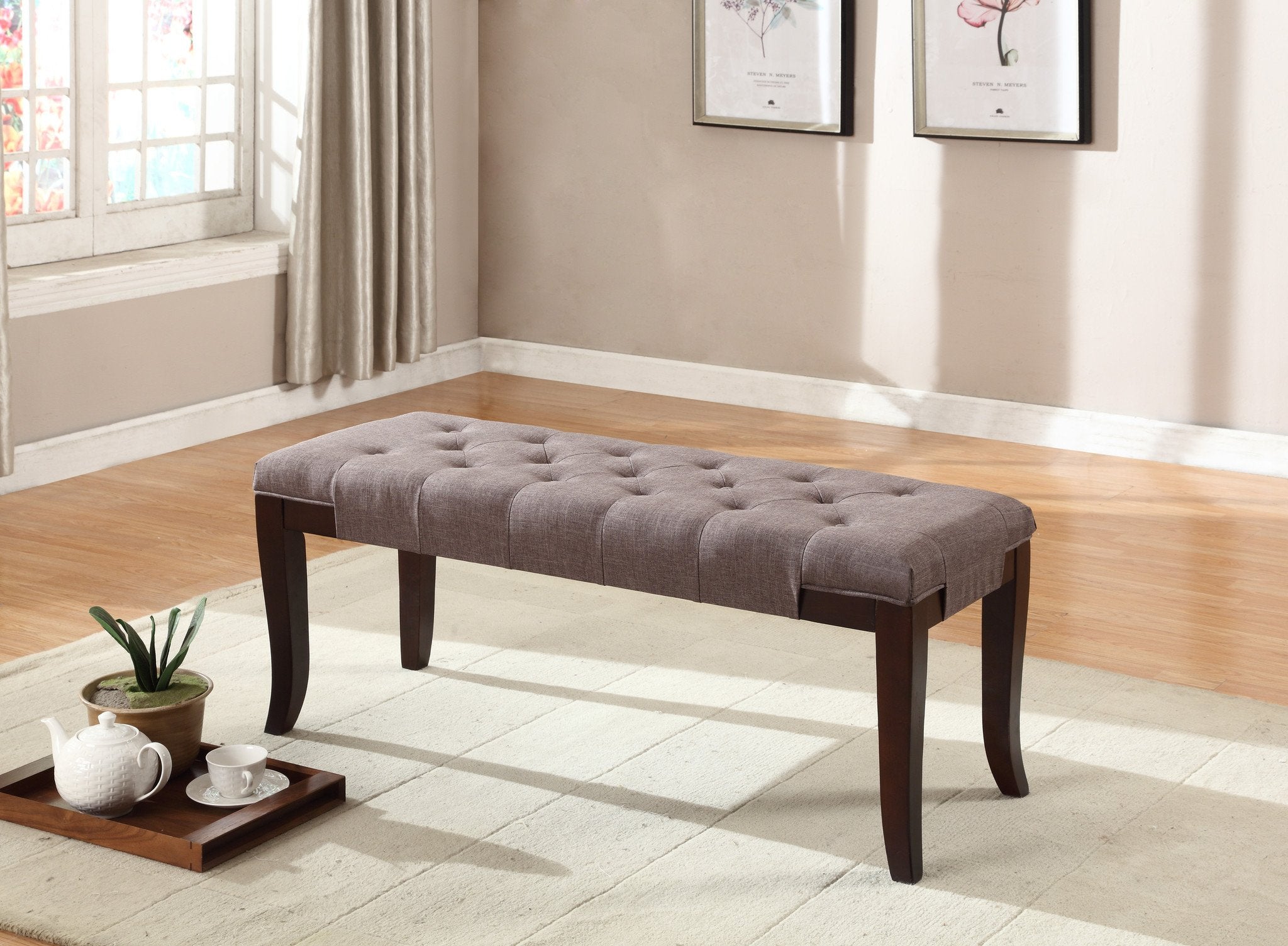 Roundhill Furniture Linon Fabric Tufted Ottoman Bench - Brown Storage Footrest with Button Tufting for Living Room, Bedroom & Entryway