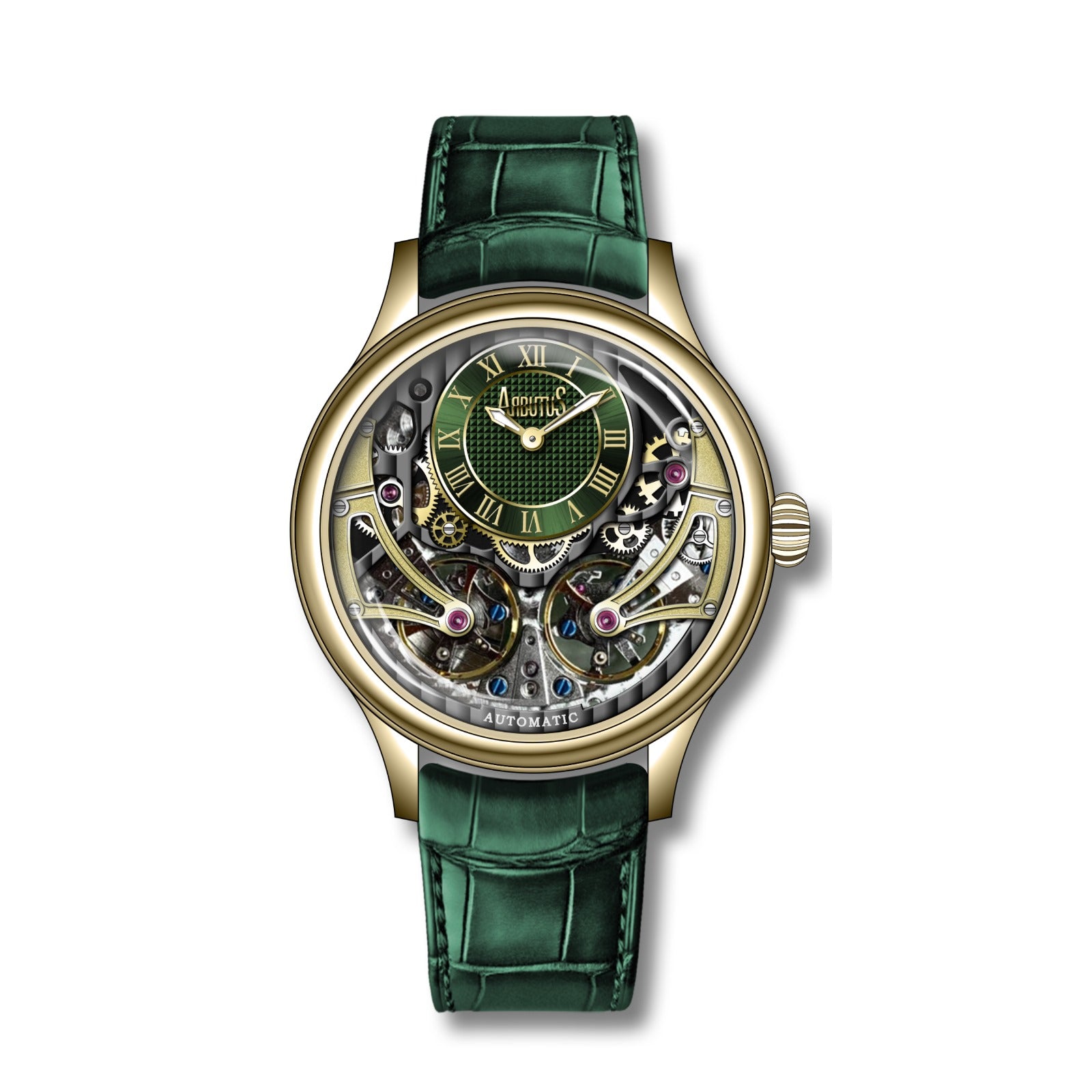 Premium ARBUTUS Green Leather Strap Double Balance Wheel Watch AR2404GGG - Elegant Timepiece for Business, Formal Events & Luxury Gift Giving