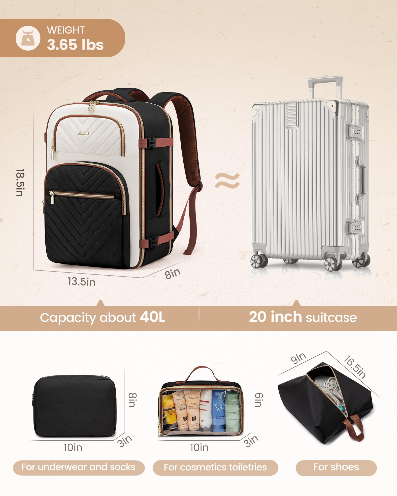 LOVEVOOK 40L Waterproof TSA Approved Travel Backpack for Women & Men - Flight Carry On Personal Item with 3 Packing Cubes - Perfect for Airplane Travel, Business Trips & Weekend Getaways